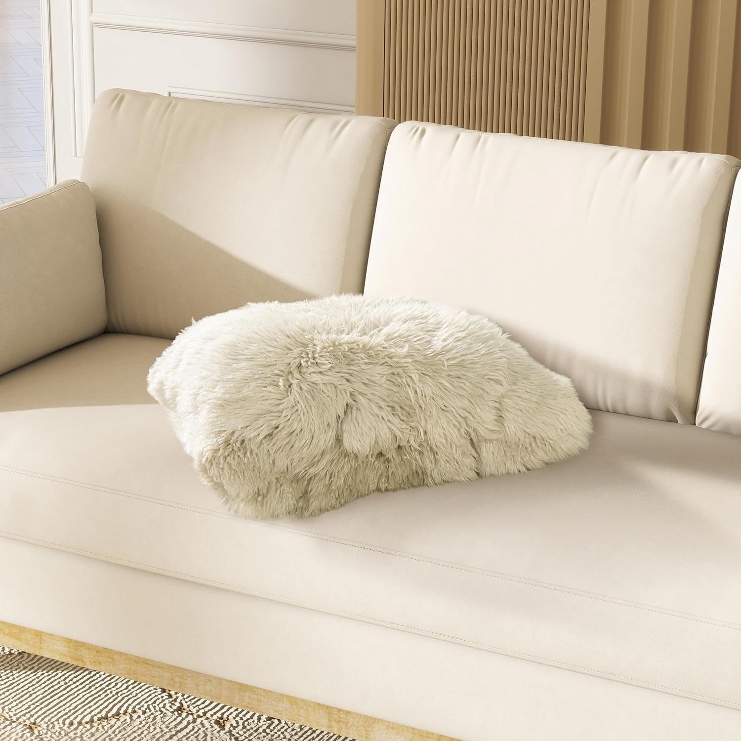 Jennifer Taylor Home Astrid 20" Square Accent Throw Pillow Cover with Feather Insert, Taupe Beige Genuine Fur
