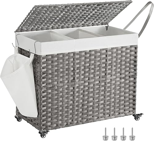 SONGMICS Cesta de lavandería con tapa, 42.3 galones (160 L), cesta de lavandería con ruedas, ratán sintético de 3 secciones, forro extraíble,