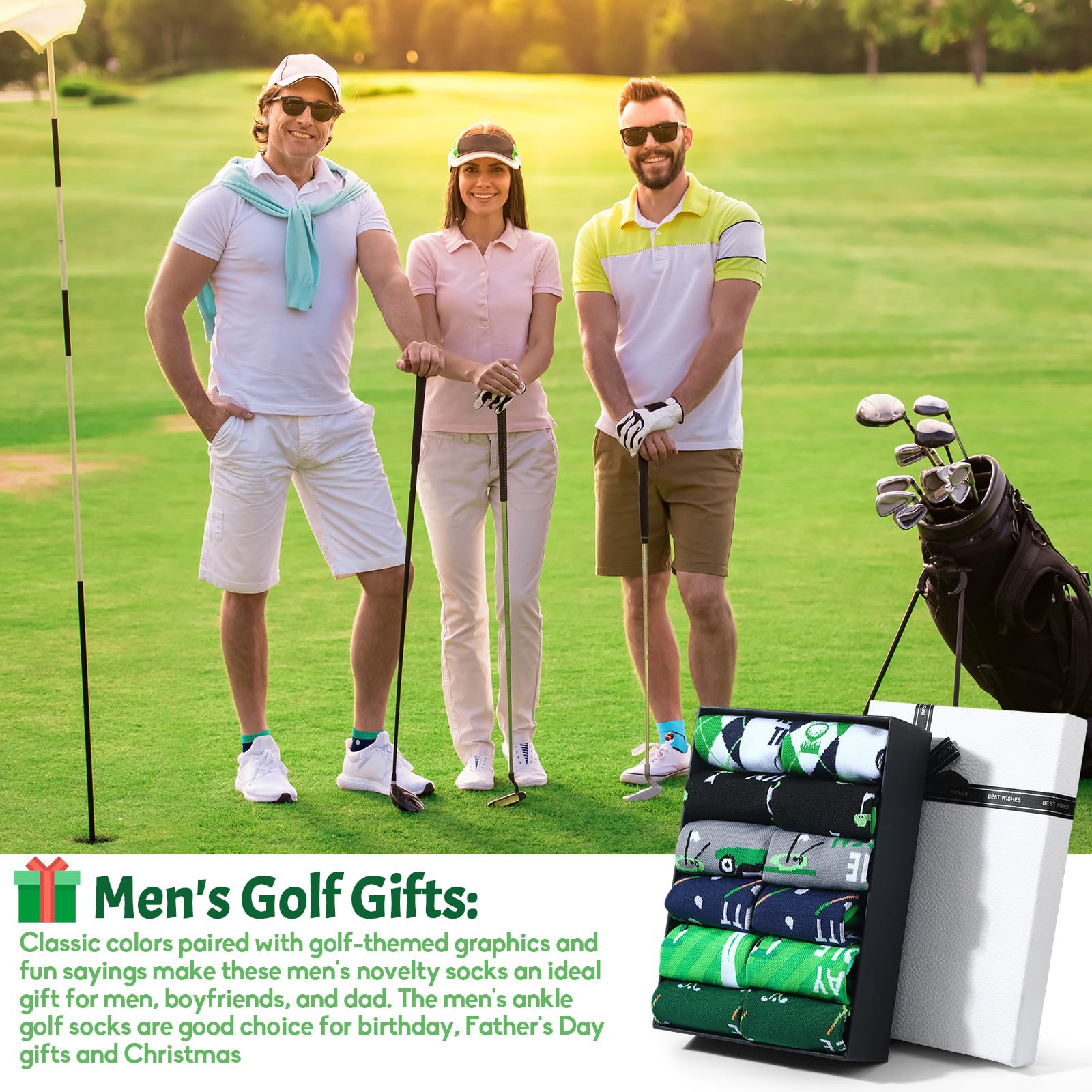6 pares de calcetines de golf divertidos de compresión de corte bajo, regalos para hombres, fanáticos del deporte, amantes del golf, Verde, gris, azul, negro, blanco, Large
