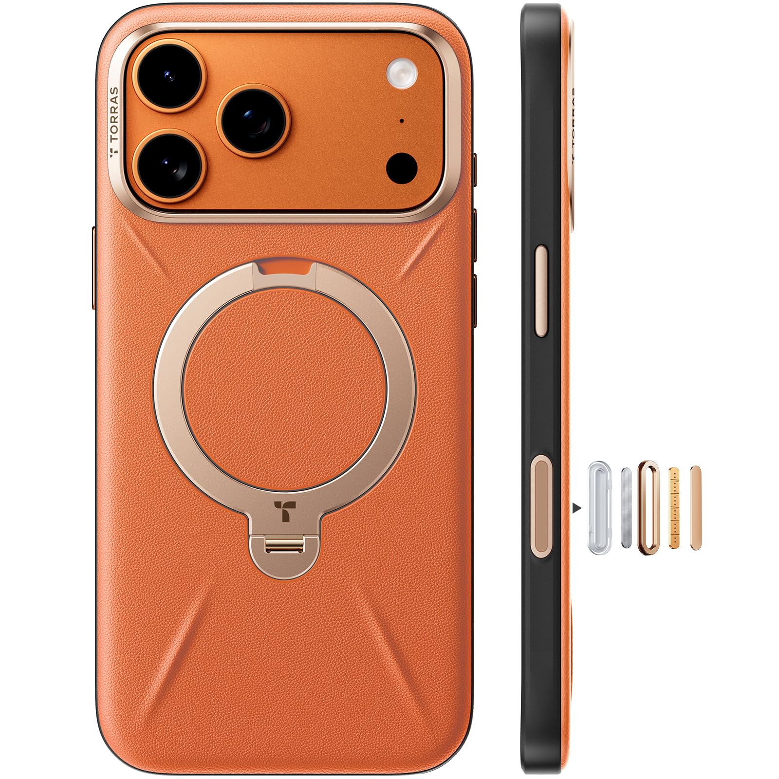 Photo 1 of TORRAS Q3 VegSkin for iPhone 17 Pro Max Case Leather, 360 Spin Magnetic Stand, Fit for MagSafe, Camera Control, Shockproof Premium Organic Silicone Leather Case for iPhone 17 Pro Max, Burnt Orange