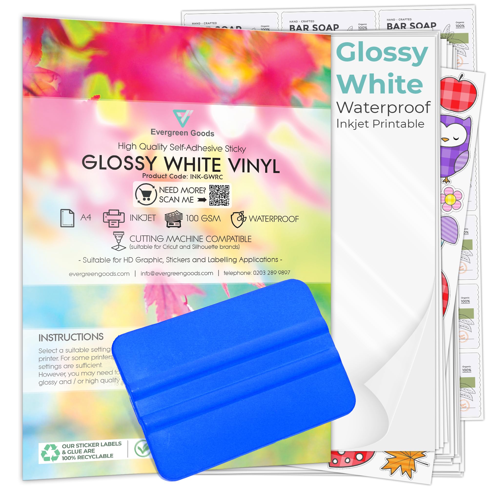 Evergreen Goods A4 100 arkuszy błyszczących białych naklejek winylowych, wodoodporne winylowe do druku atramentowego, z raklą, najwyższej jakości, samoprzylepne, PCW, 100 arkuszy