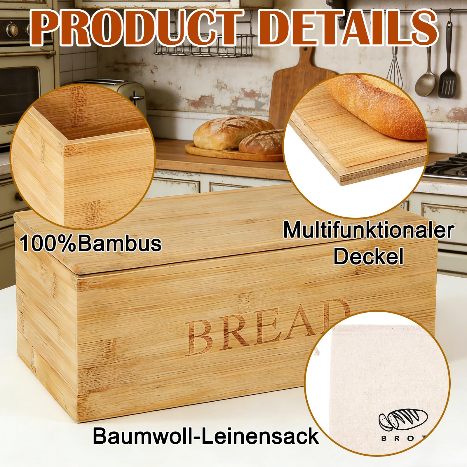 BAIFULAI Bambusowy chlebak: 33 x 19 x 13,5 cm, z lnianym woreczkiem i drewnianą pokrywką jako deska do krojenia, duża pojemność pojemnik na chleb do przechowywania świeżego chleba (kolor naturalnego