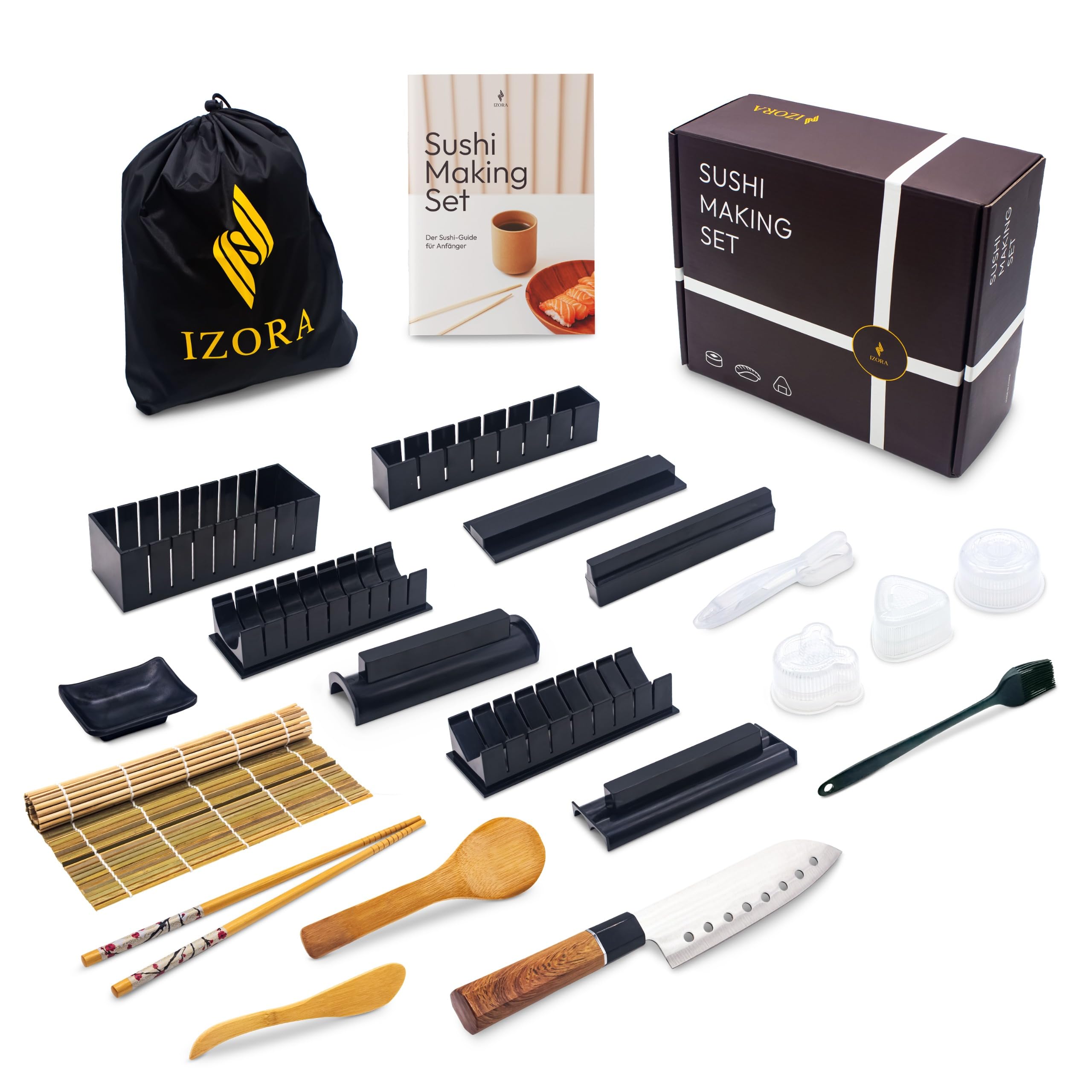 Izora Sushi Maker Set mit Anfänger-Guide inkl. ausführlicher Anleitung, einfache Rezeptvorschläge - Sushi Set zum selber machen mit stilvoller Geschenkbox, praktischem Stoffbeutel