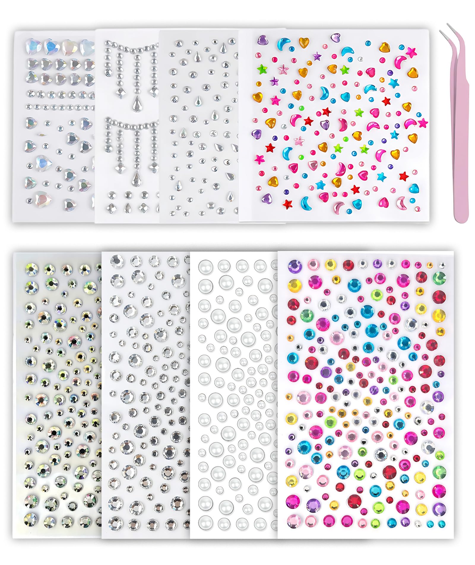 8 Sheets Face Rhinestones for Makeup, Gem Stickers, Self Adhesive Face Gems, Stick on Gems, Pearl Rhinestone Stickers for Face, Hair, Eye, Makeup, Nail, Body, Crafts, with Pick Up Tweeze-picture-27