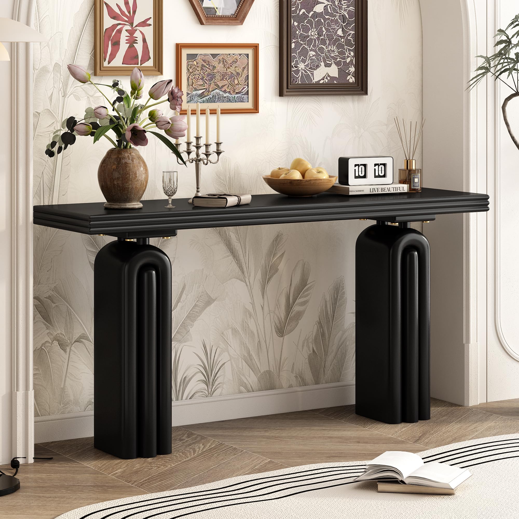 Photo 1 of Merax 60" Chic Acacia Veneer Console Table for Entryway, Art Layered Leg Design, Elegant Entry Table Rectangular Tabletop for Living Room Hallway, Foyer, Corridor, Bear 300lbs (Beige)