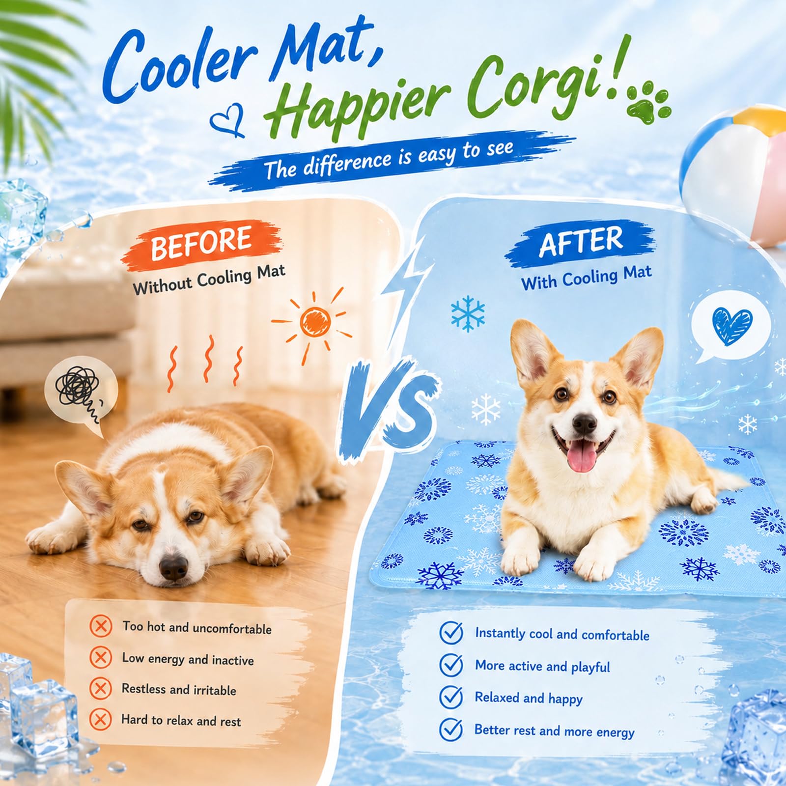Alfombra Refrescante Perros y Gatos 50x40 cm, Alfombrilla Refrigerante con Gel no Tóxico, Cama Refrescante Perro Impermeable para Mascotas Pequeñas (Copos de Nieve Azules)