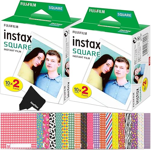 FujiFilm Instax Square Instant Film, para cámaras instantáneas FujiFilm Instax Square SQ6, SQ10, SQ20 y SP-3 + marcos adhesivos coloridos + tela
