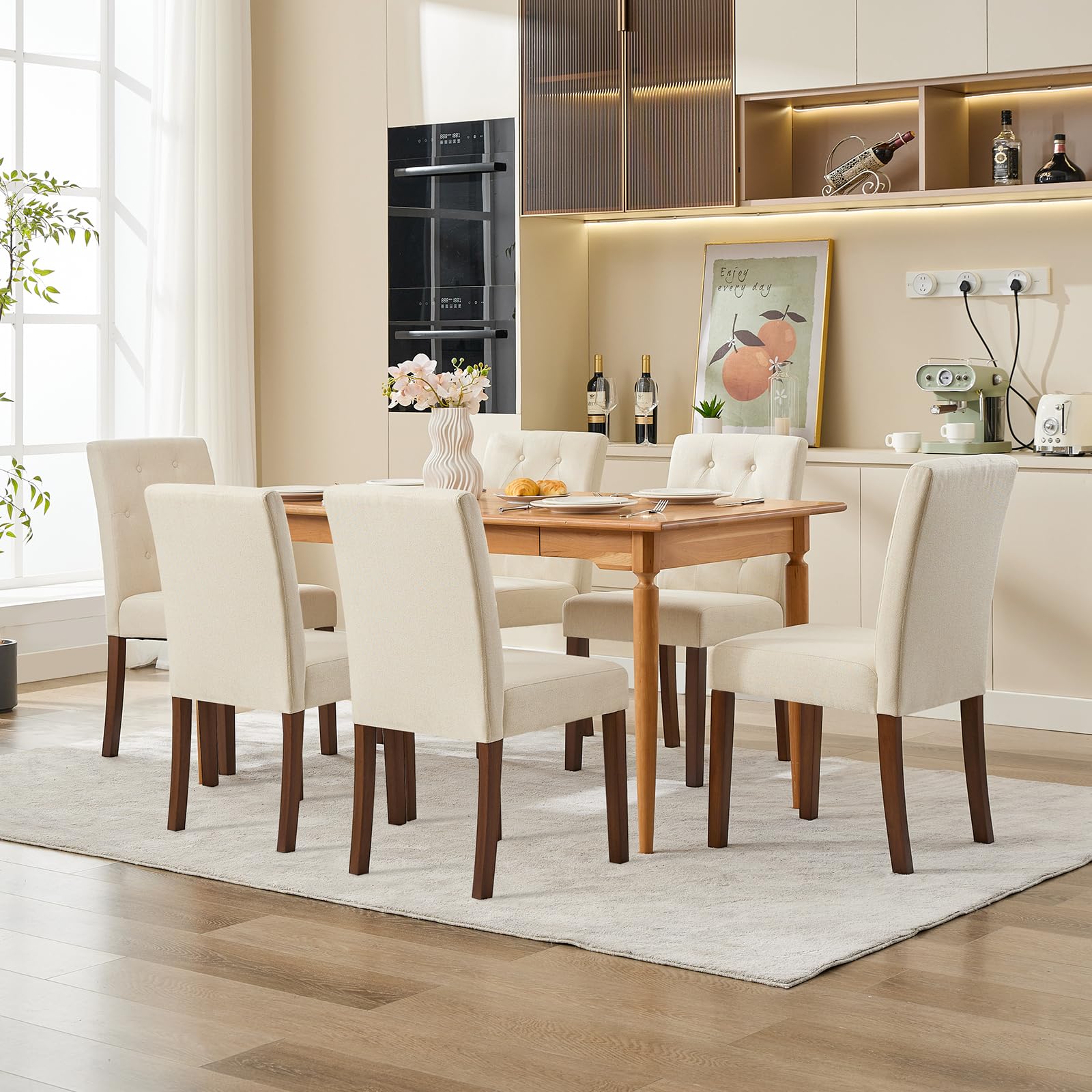 Sillas De Comedor Modernas Tapizadas - Juego 2 con Lino Gris, Diseño Parsons, Patas Madera Resistentes, Respaldo Alto Comodidad para Comedor, Cocina, Restaurante Paquete Lino (Beige 2)