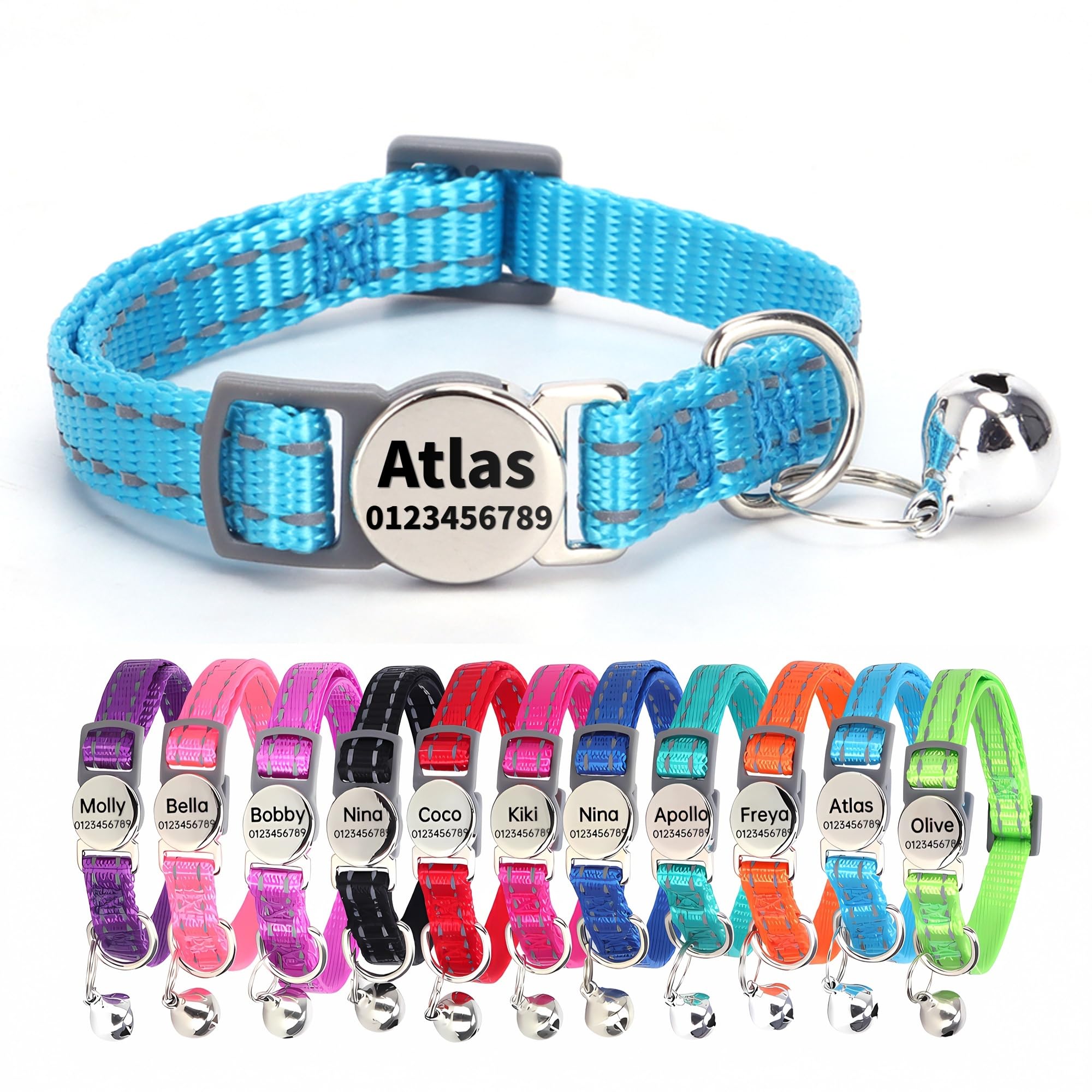 SEOUGEE Cat Collar with Personalised Name Tag, Reflective Cat Collars with Bells and Safety Quick Release Buckle, Anti-Lost Nameplate for Cats Kitten (Light Blue) — image 1