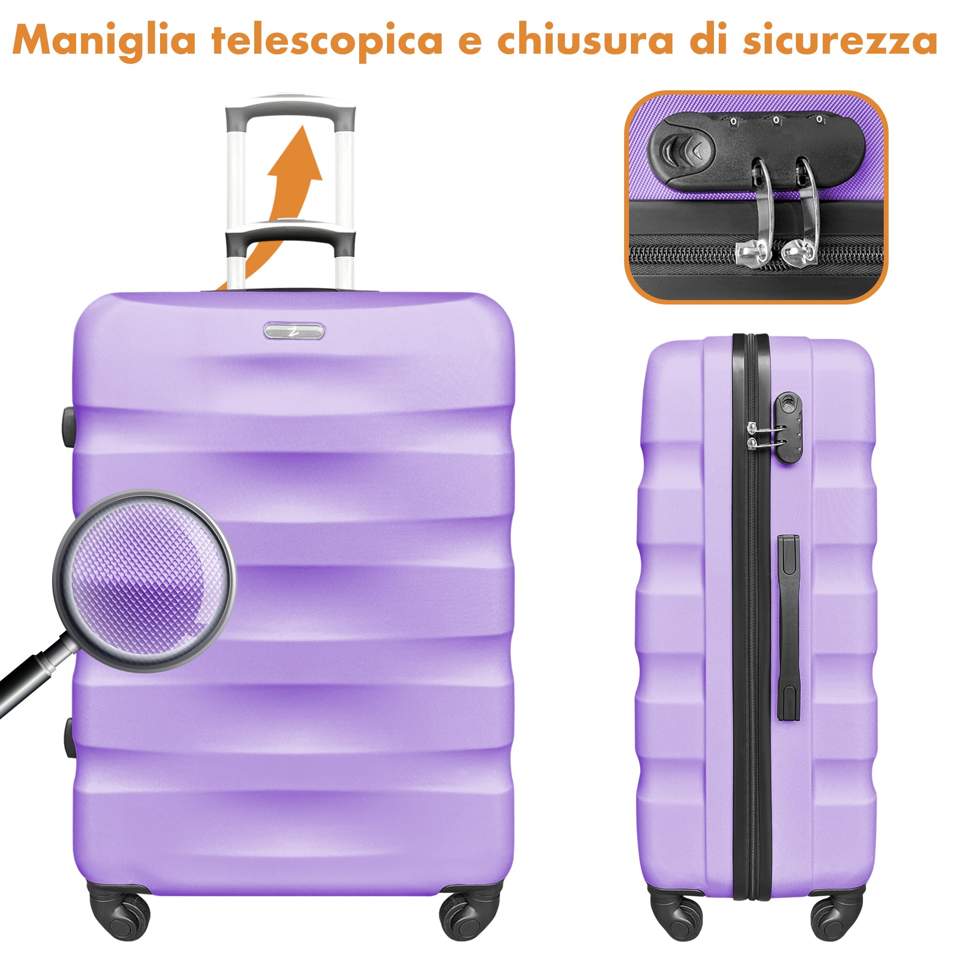 Set Di 3 Valigie Rigide ABS Valigia Da Viaggio Con Chiusura Lucchetto Combinazione Grande Media Piccola Forti Resistenti Manico Telescopico Trolley Borsa Vacanze Set Viaggio Treno Aereo Auto - Lilla