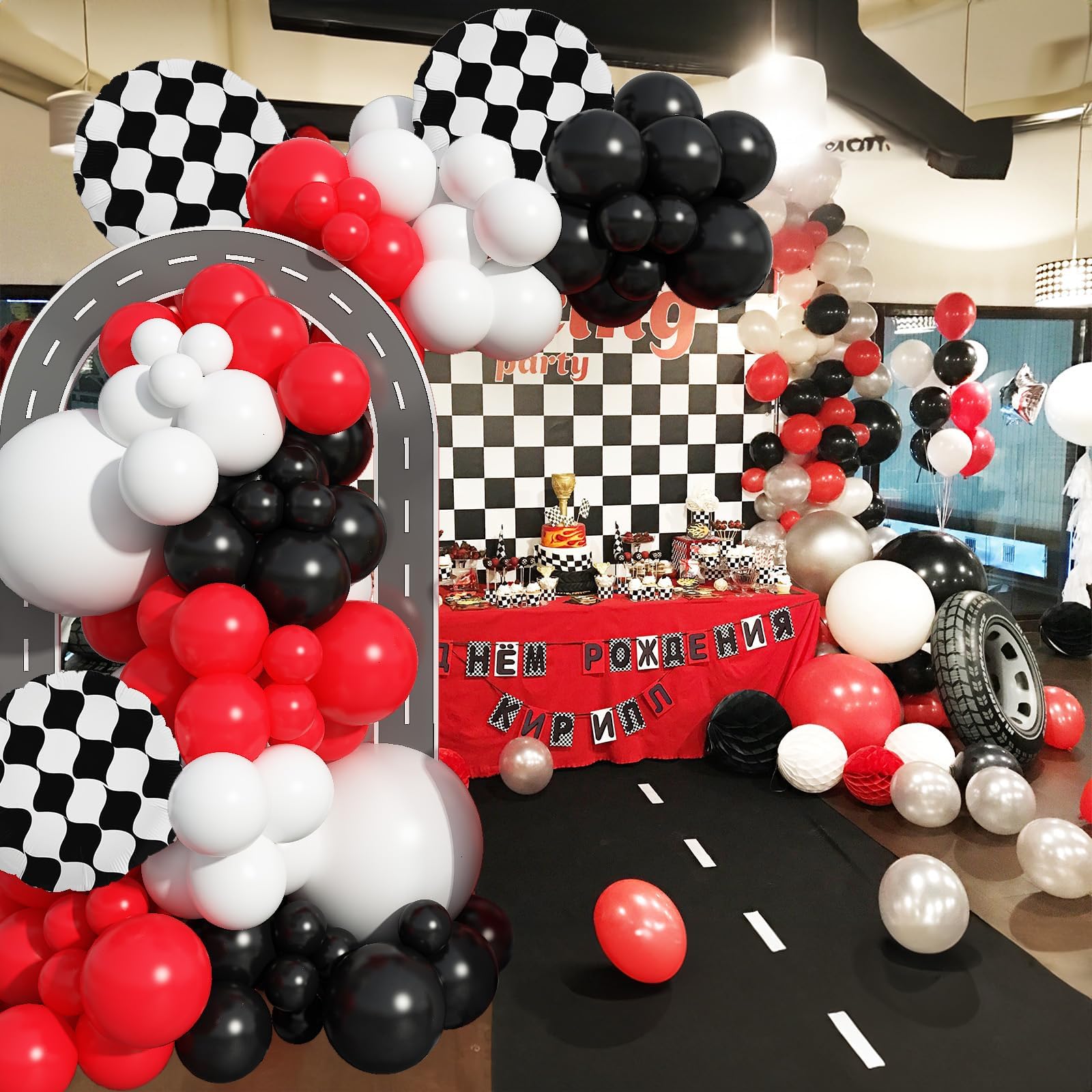 Racing Car Balloons Arch Garland Kit, Red and Black White Checkered Foil Balloons Garland Kit, Wheels Balloon for Boys Birthday Baby Shower Race Car Theme Party Decorations Supplies — view 7