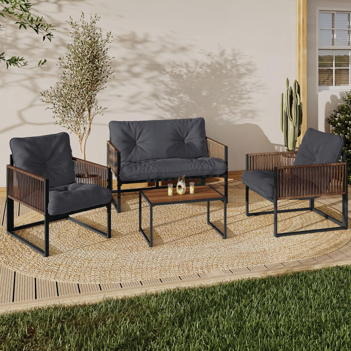 IDMarket - Salon de Jardin Bas Rio 4 Places Structure métal Gris Anthracite, Cordage rotin et Coussins Gris