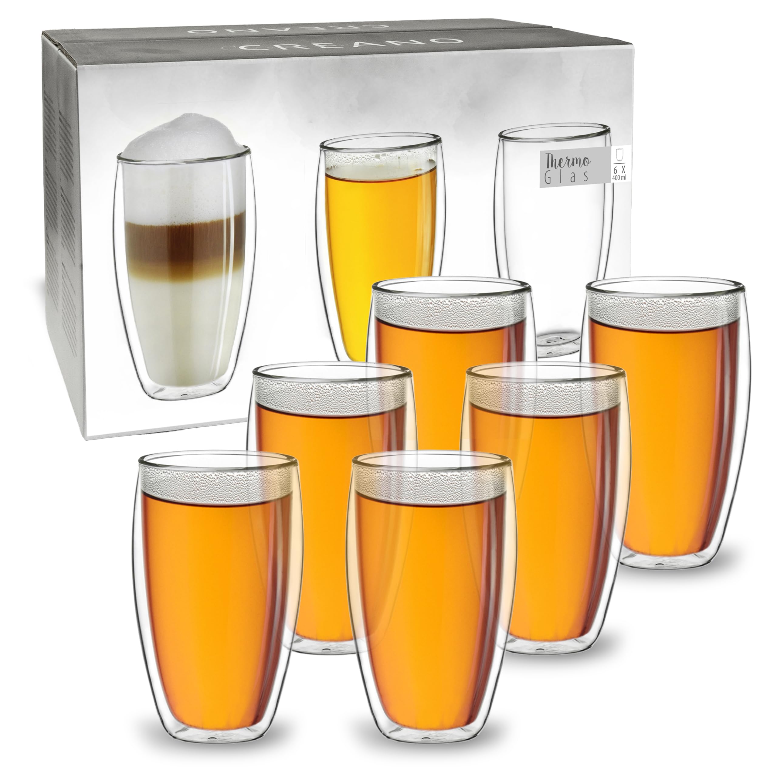 Creano Double Walled Super-Tall Glasses 400ml – Set of 6 Luxurious Slim Insulated Borosilicate Glass Thermal Mugs – Perfect Present for Large Families & Events – Set of 6 — image 1