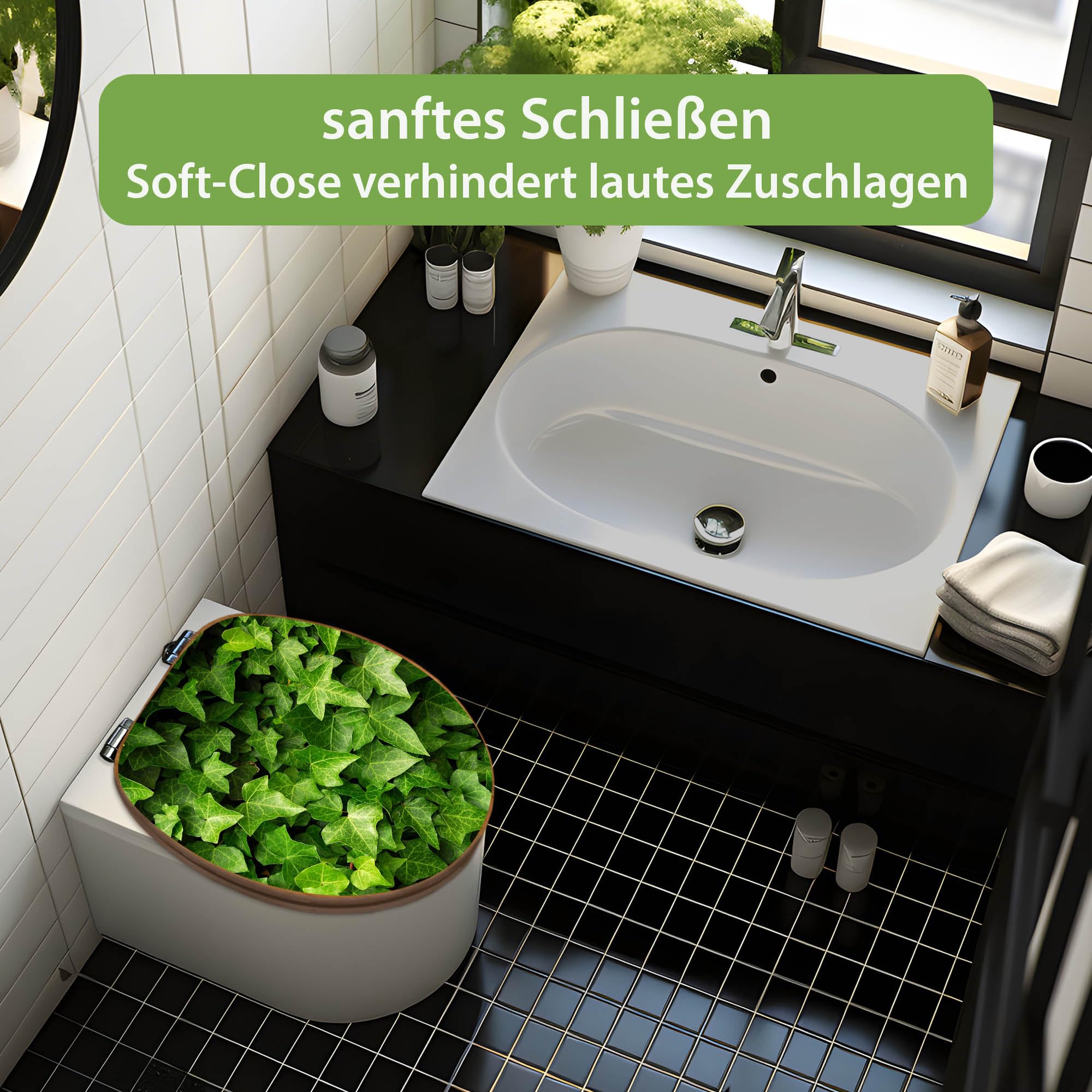banjado Design WC Sitz Bambus Absenkautomatik 45,8x37,5cm - Toilettendeckel mit Absenkautomatik Holz - hochwertiger Bambus Klodeckel - WC-Sitz für gängigen Toiletten - Motiv Efeu