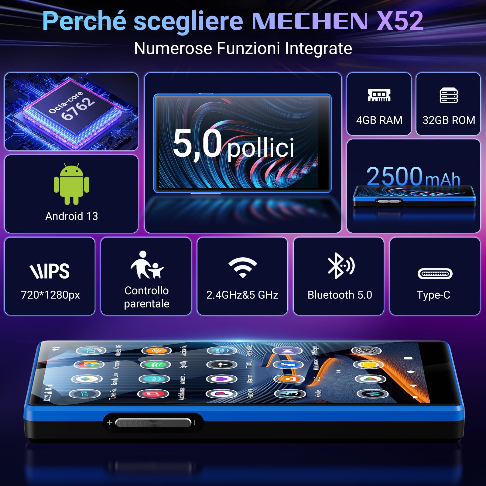 MECHEN 160GB Lettore MP3 con Spotify, 5 Pollici Lettore MP4 Android Bluetooth Wi-Fi, Controllo Parentale, Radio FM, Compatibile con Amazon Music Deezer Audible (X52)
