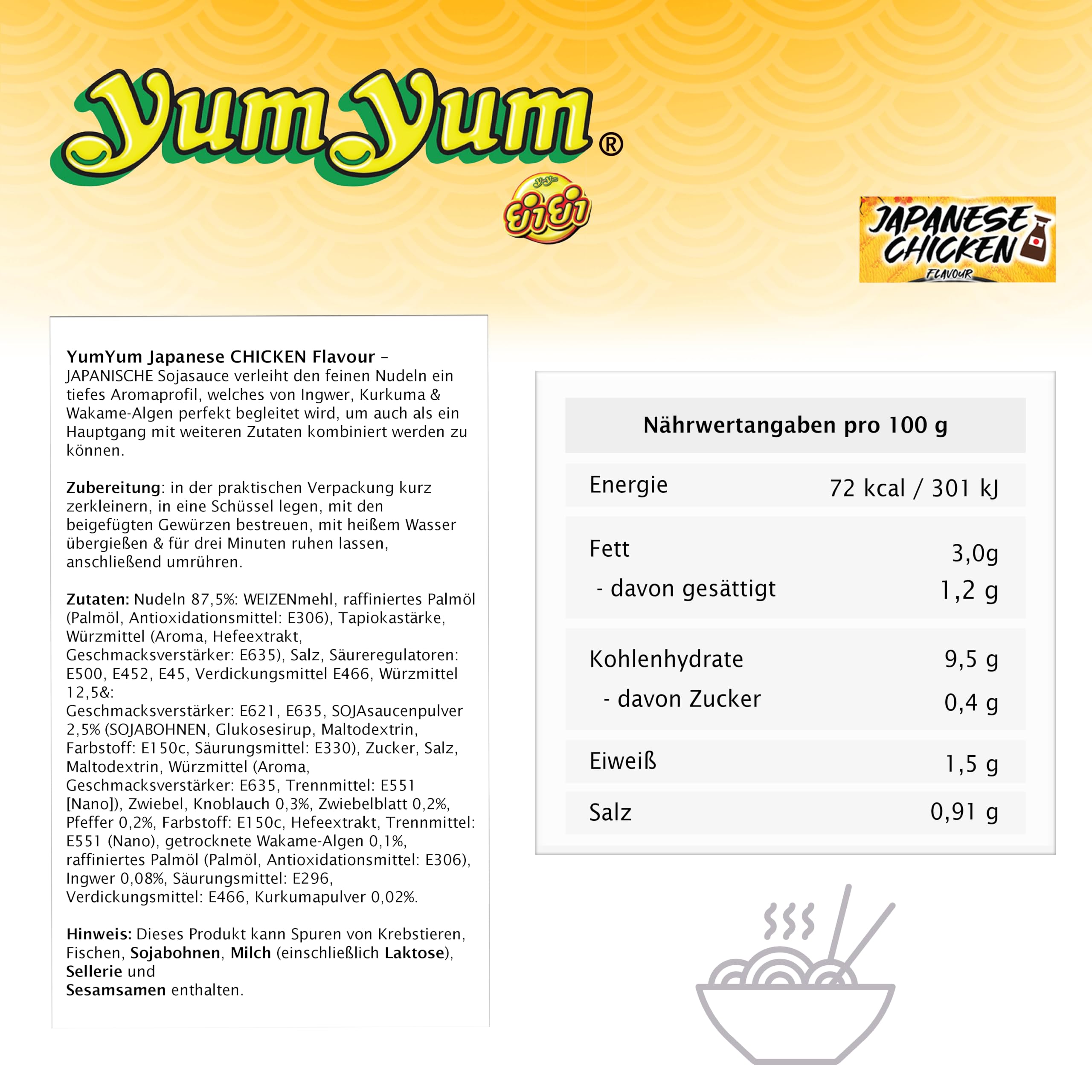 YumYum Japanese Chicken Flavour Cup 36x 70g Asiatische Instant Nudeln | Japanischer Geschmack, 36er Pack, Schnelle Zubereitung