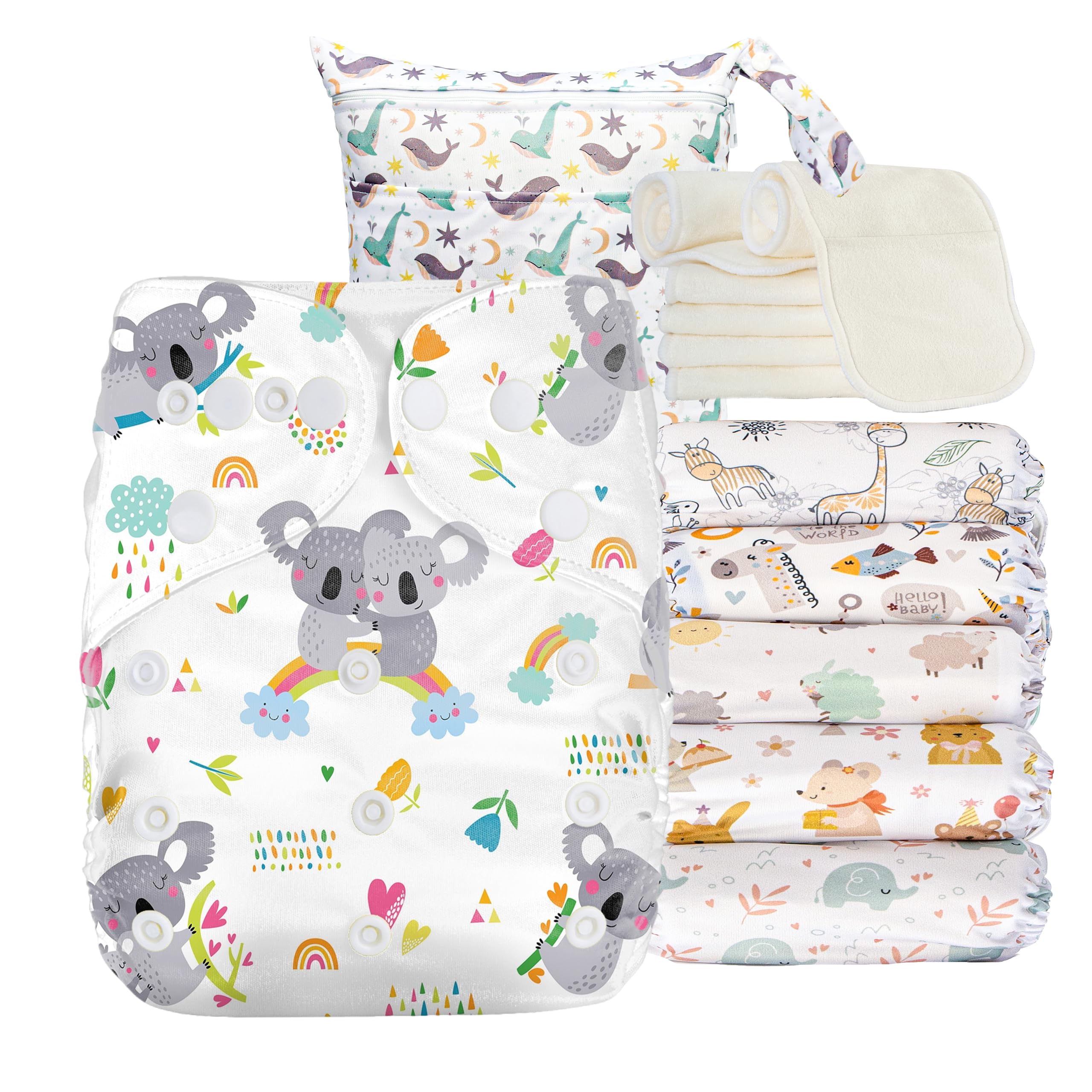 Kolo Juego de 6 pañales lavables, 6 pañales de tela de bambú, bolsa de pañales para viajes, unisex ajustable pañales de tela para bebé