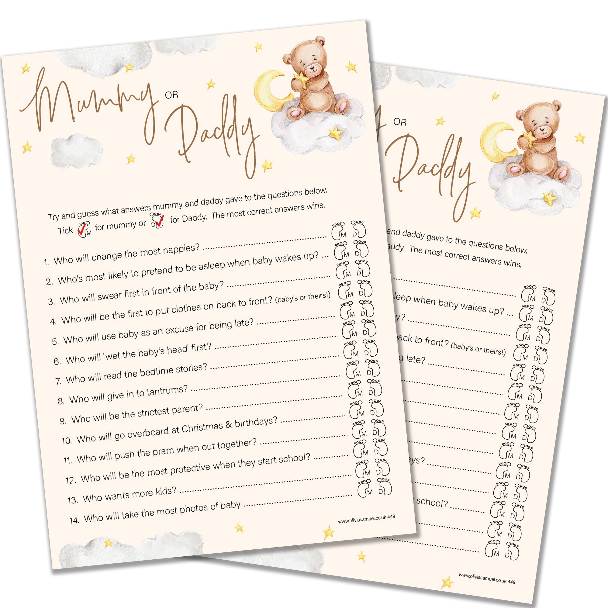 Olivia Samuel 20 x Mummy or Daddy Baby Shower Game – Unisex Neutral Teddy Bear Design (20 Guest Cards + 1 Card of Answers for The Host) - Made in The UK
