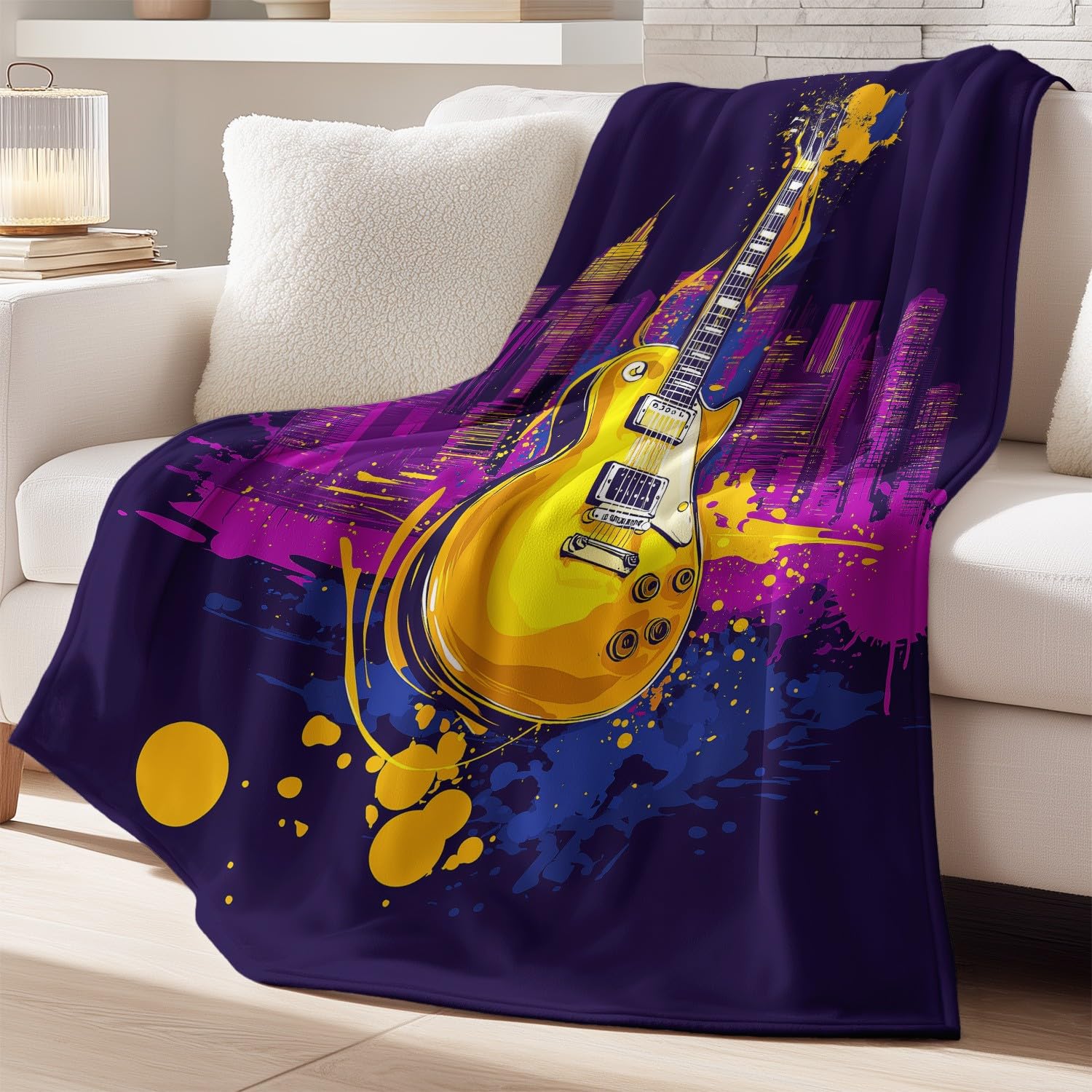 Coperta in flanella con musica rock, Urban Dynamic chitarra elettrica, morbida, per letto, divano, divano, coperta soffice in microfibra, per bambini e adulti, 200 x 200 cm, blu