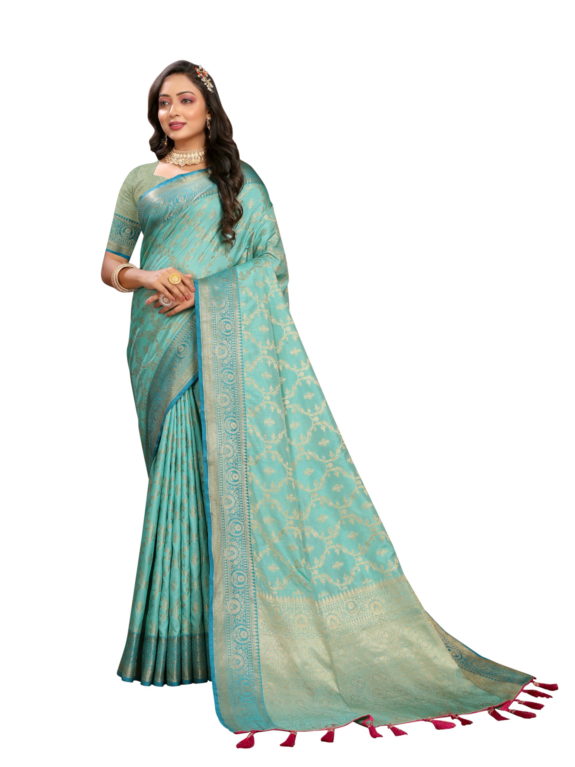 Expert Ecommerce Services Womens New Soft Katan Silk Zari Weaving and Rich Pallu Kanjivaram Saree with Unstitched Blouse | Sarees For Womens