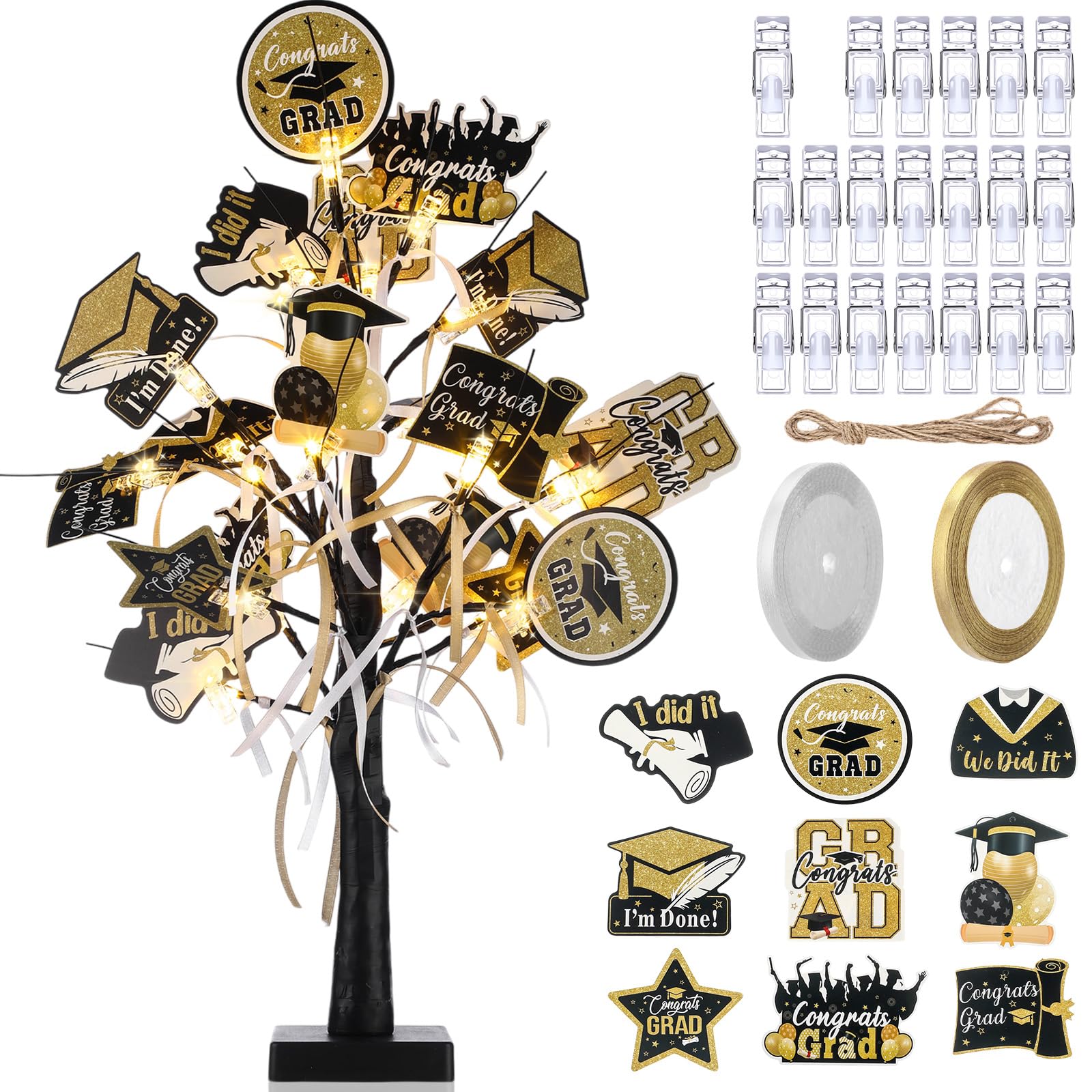 CroBlissful Money Tree Gift Holder Lighted Birch Trees with LED 2 FT Gift Card Holder Tree with Clips Ribbon and 18 Graduation Tags for Graduation