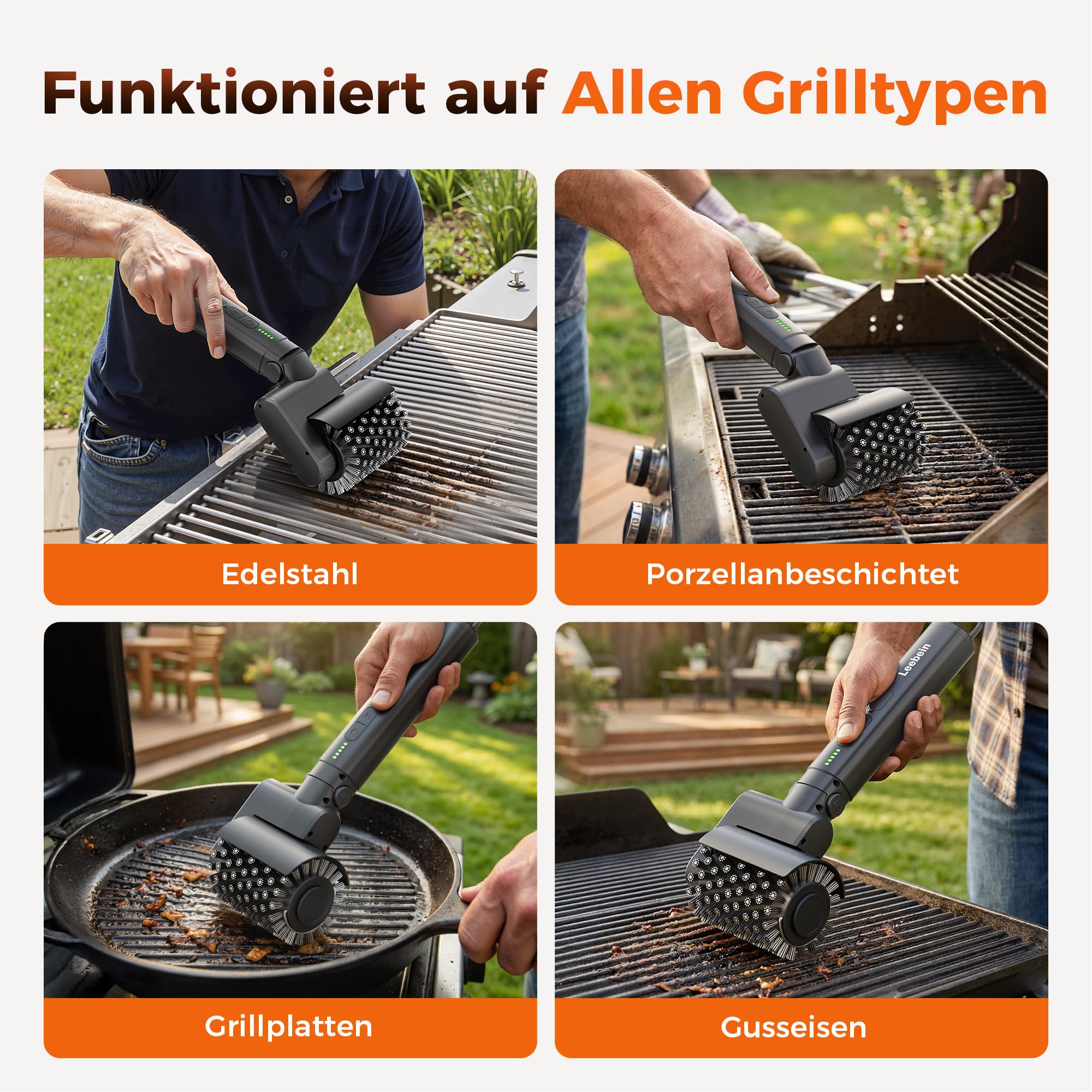 Leebein Elektrische Grillbürste für BBQ, 2026 Elektrische Reinigungsbürste 3-Gang & Verstellbare Winkel mit 3 Austauschbaren Köpfen, 150 Min Laufzeit, Wasserdicht und Hitzebeständig für Grillroste