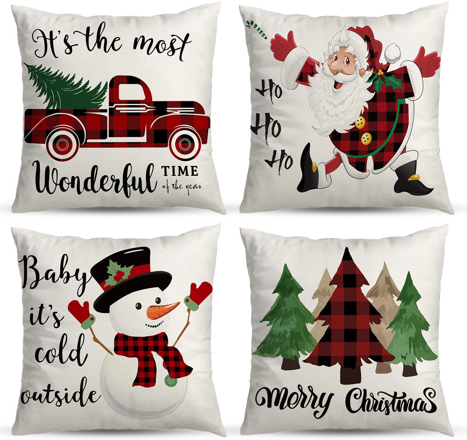 Christmas Decorations Throw Pillow Covers 18x18 Set of 4 Red Black Buffalo Plaid Christmas Tree Truck Snowman Farmhouse Christmas Decor,Xmas,Decorations Indoor Pillow Cases for Sofa Couch Bed Chair