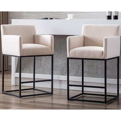 VESCASA Linen 27" H Counter Height Bar Stools with Arms, Upholstered Counter Stools with 12.5" H Padded Back, Modern Island Chairs with Black Metal Frame for Kitchen Island, Set of 2, Cream