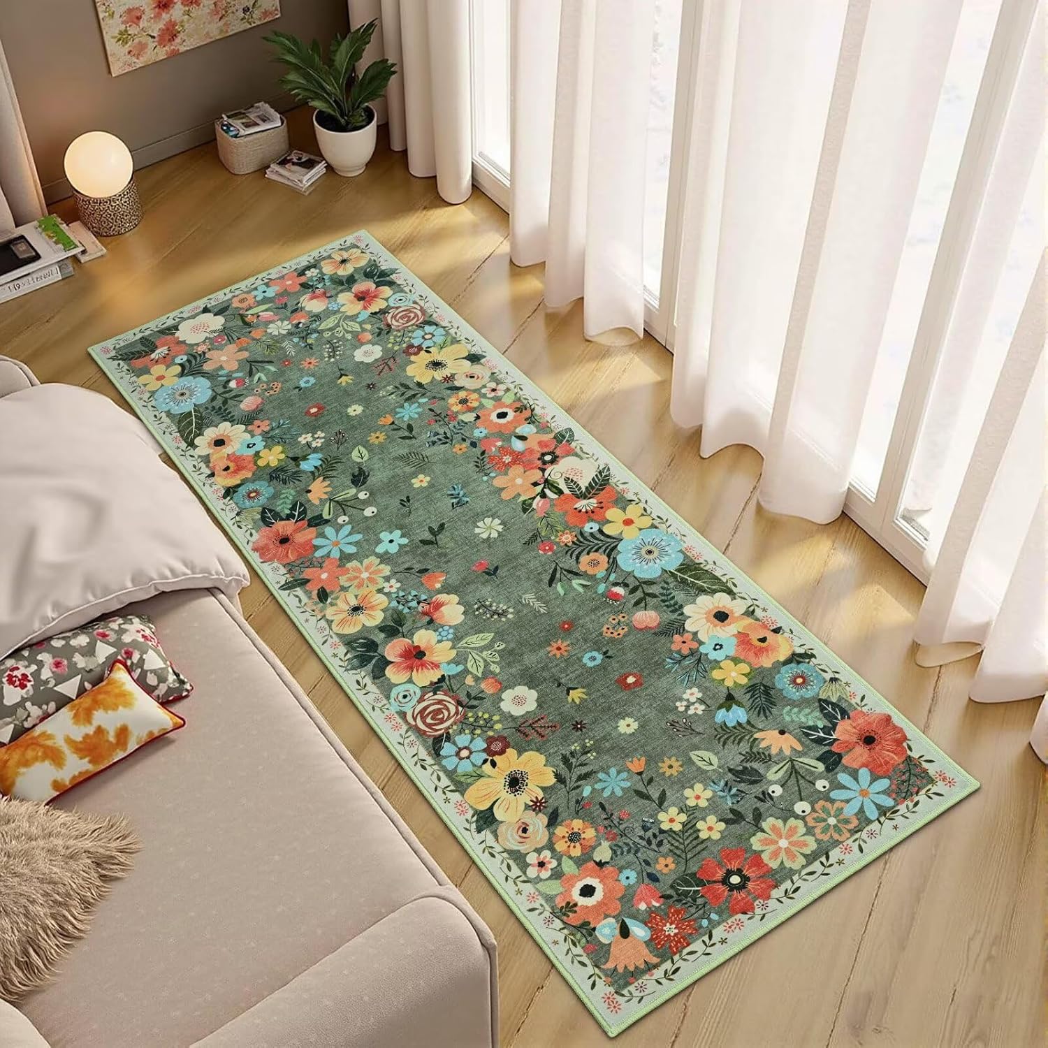 Vasofe 2x6 Runner Rug for Hallway, Washable Rugs for Kitchen, Bedroom, Modern Floral Indoor Mat for Girl's Room, Laundry Room, Bedside, Non Slip Low Pile Soft Mats Home Decor Carpet, Sage Green