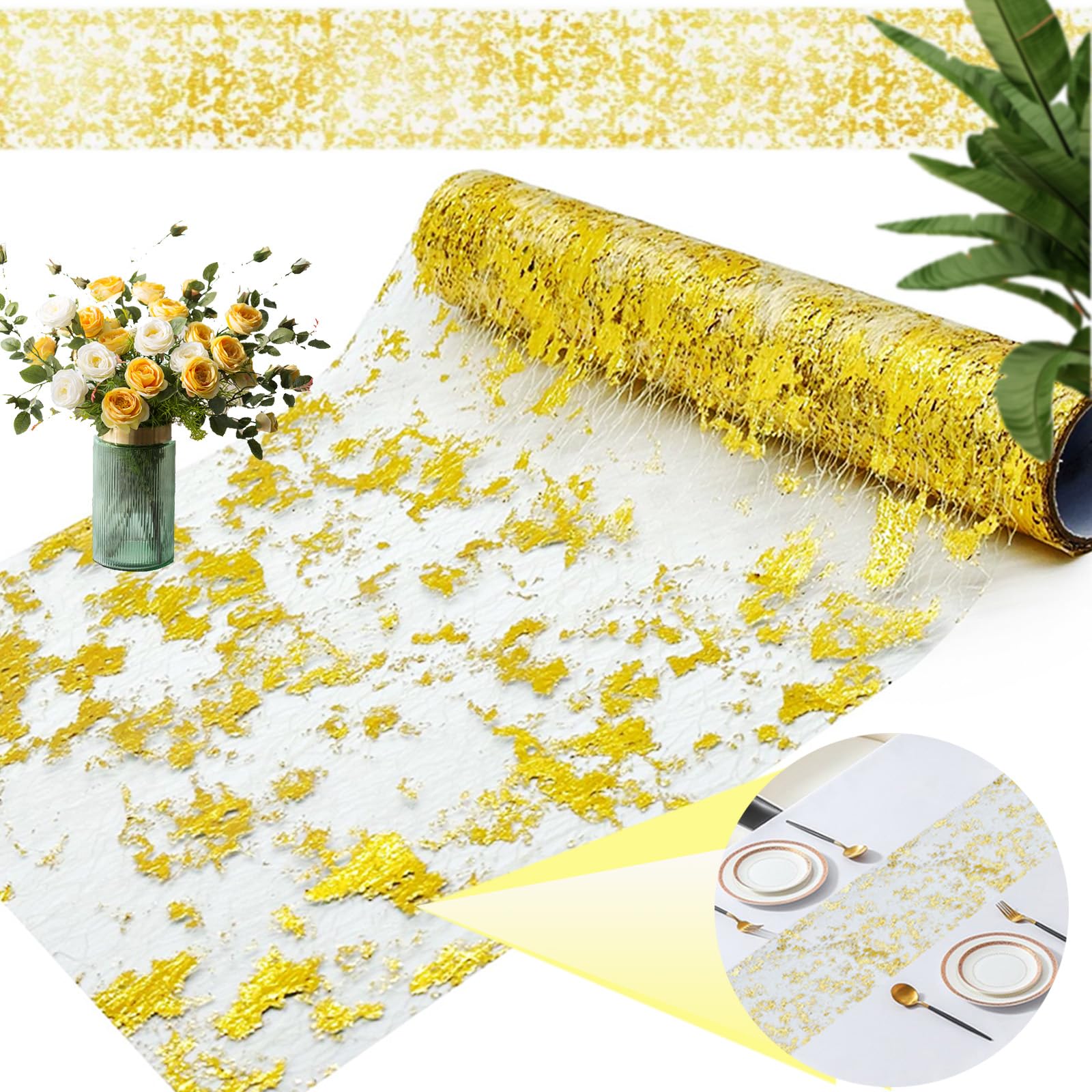 Camino de Mesa Dorado, 28cm x 10m, Camino De Mesa de Tul Brillante, Camino De Mesa De Tul Dorado, Camino De Mesa Navideño Dorado, Camino de Mesa Oro, Adecuado para de Bodas, Fiestas, Navidad, et