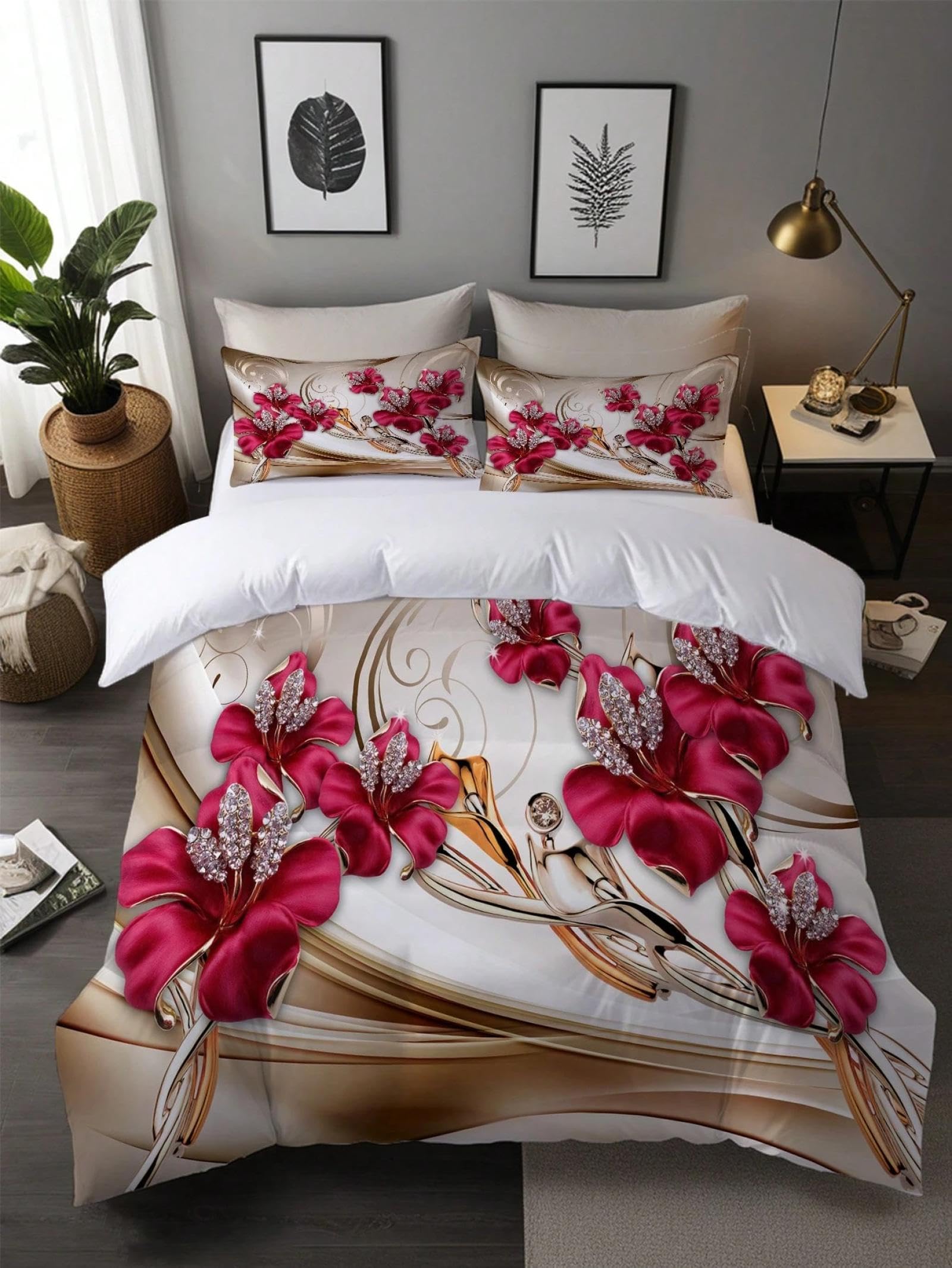 Parure de lit à motif floral rouge 155x220cm en polyester doux avec 2 taies d'oreiller