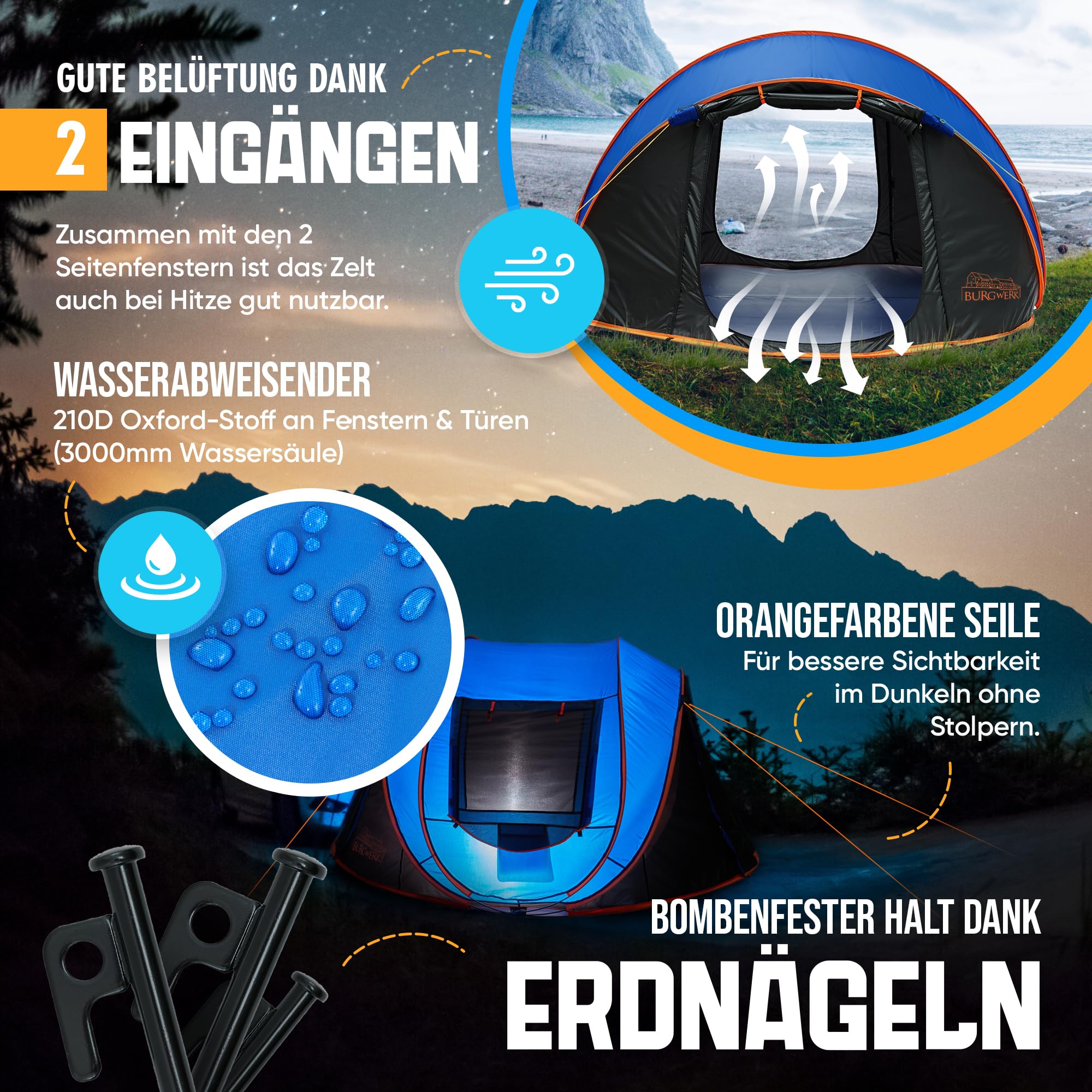 Burgwerk Wurfzelt für 3-4 Personen | 2 Sekunden Aufbau | 4000mm Wassersäule & UV-Schutz 50+ | Pop Up Zelt 3 Personen Wasserdicht Nachtblaue Schlafkabine | Verstärkte Heringe | Outdoor Camping Zelte