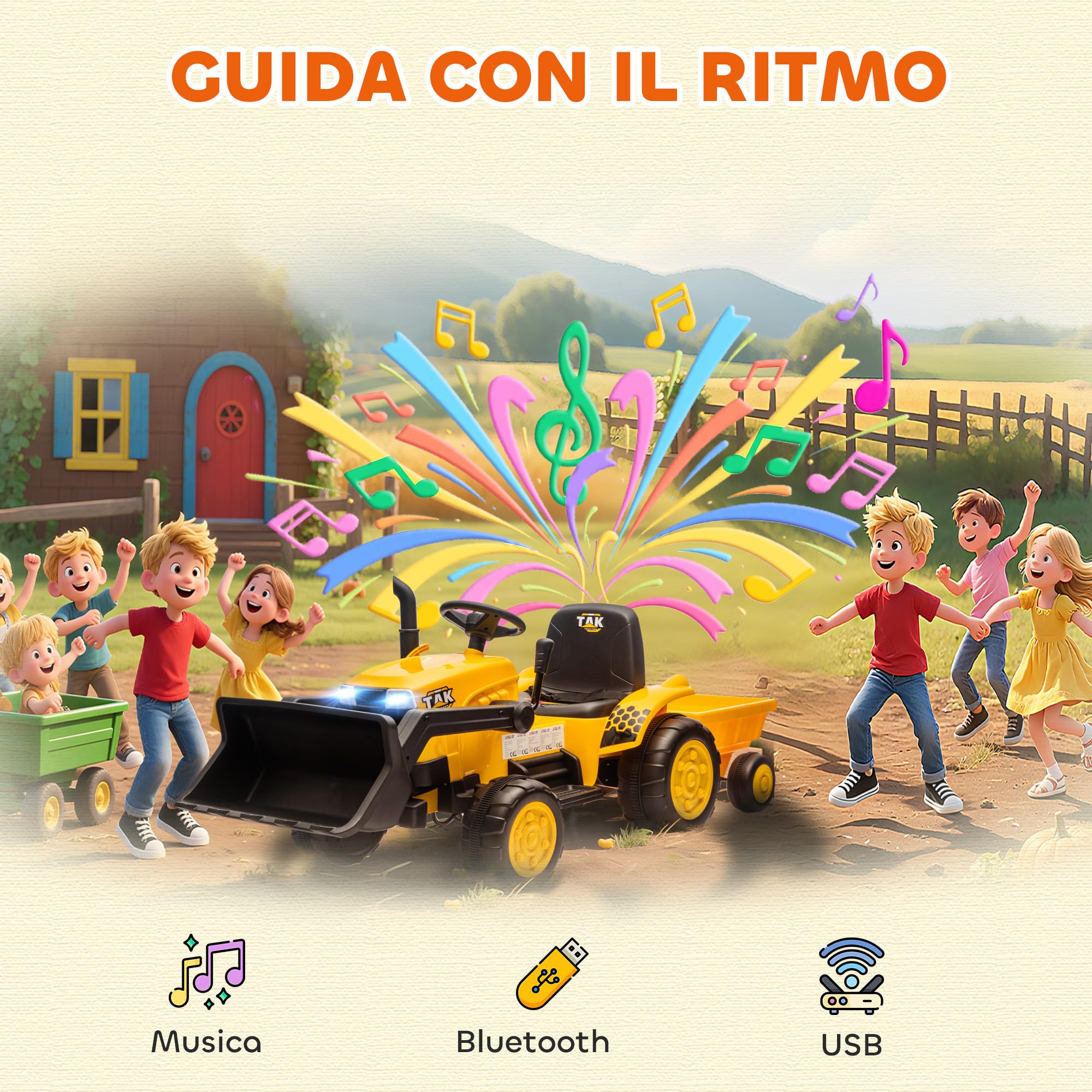 AIYAPLAY Escavatore per Bambini Elettrico 12V con Benna e Rimorchio Staccabile, Trattore Elettrica Cavalcabile con 2 Motori, Telecomando, Connessione Wireless, USB, Luci e Musica, 3-8 Anni, Giallo