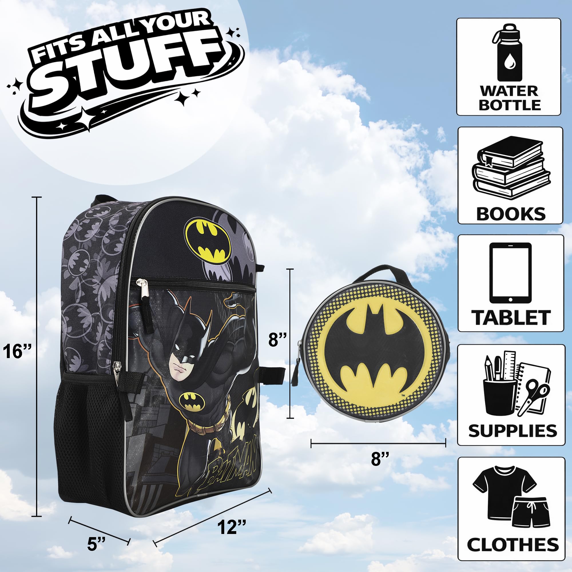 Bioworld Batman 5-Piece Backpack Set (Little Big Kid) Mochila, Gris, Talla única para Hombre