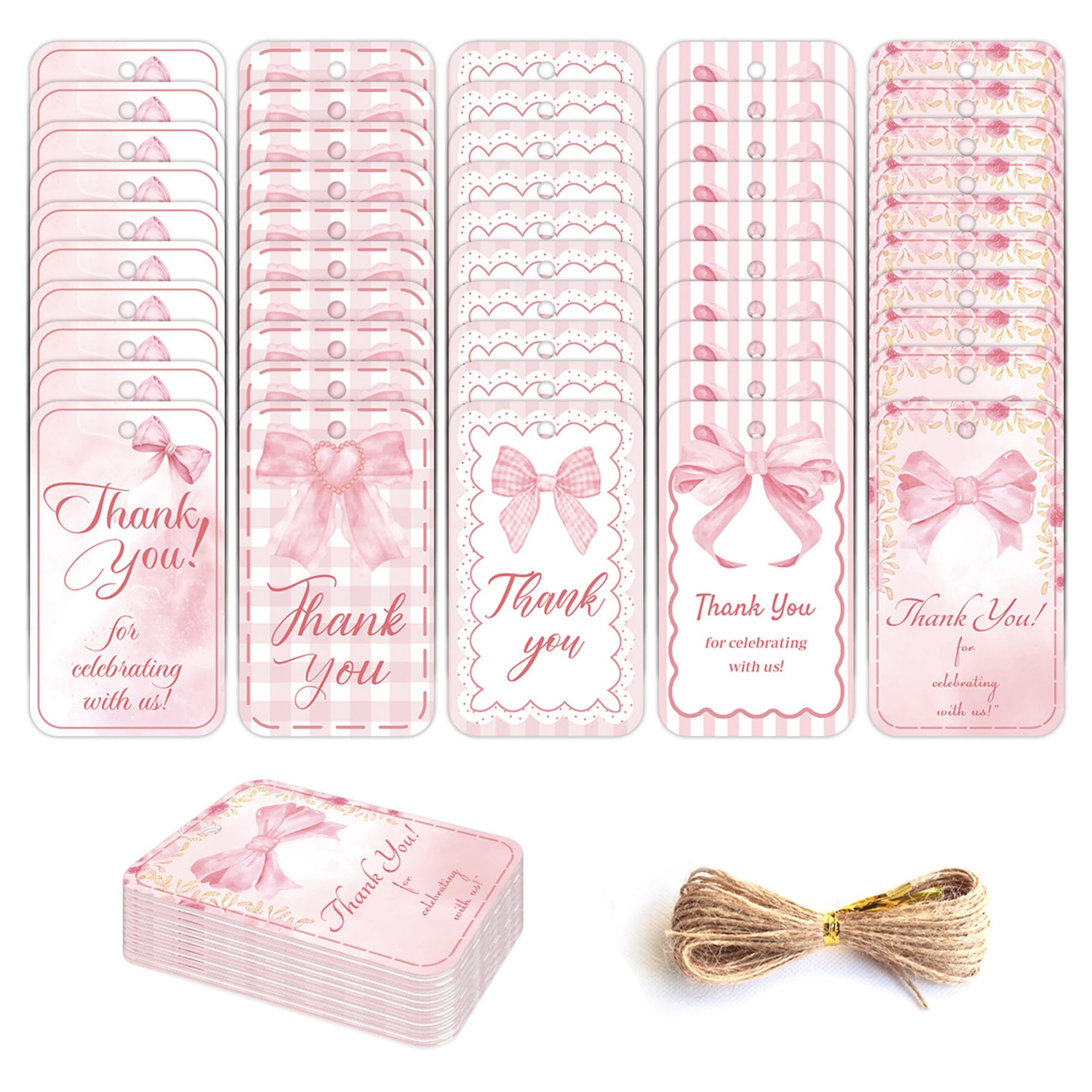 Bow Thank You Tags- 50PCS Bow Thank You Tags with Twine, Thank You for Coming Tags, DIY Cute Bowknot Thanks Party Favor Tag,Elegant Gift Tag for Parties Baby Showers Weddings Bachelor Party (Pink)