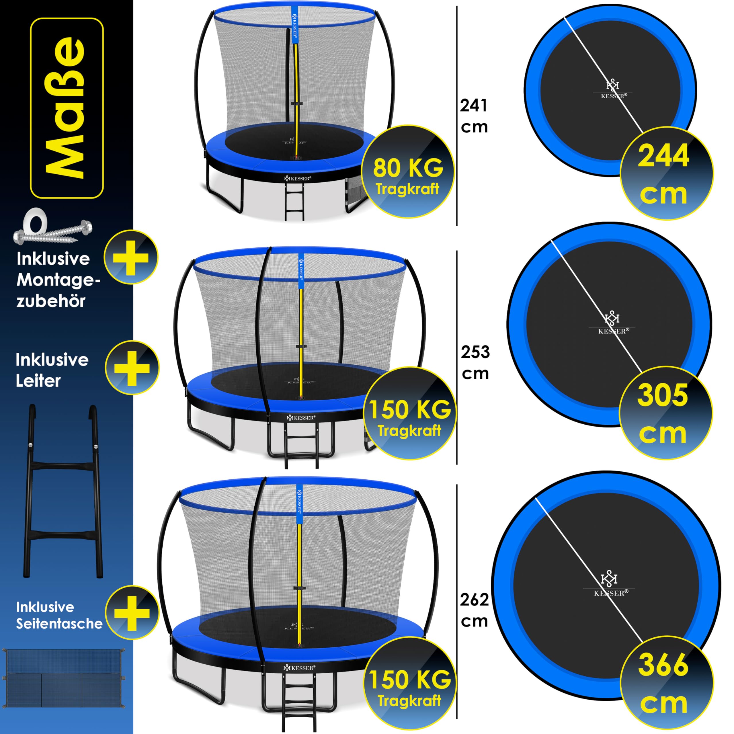 KESSER® Trampolin Ø 244/305/366/427 cm | TÜV Rheinland GS Zertifiziert | Gartentrampolin Kindertrampolin bis 150 kg | Komplettset mit Sicherheitsnetz