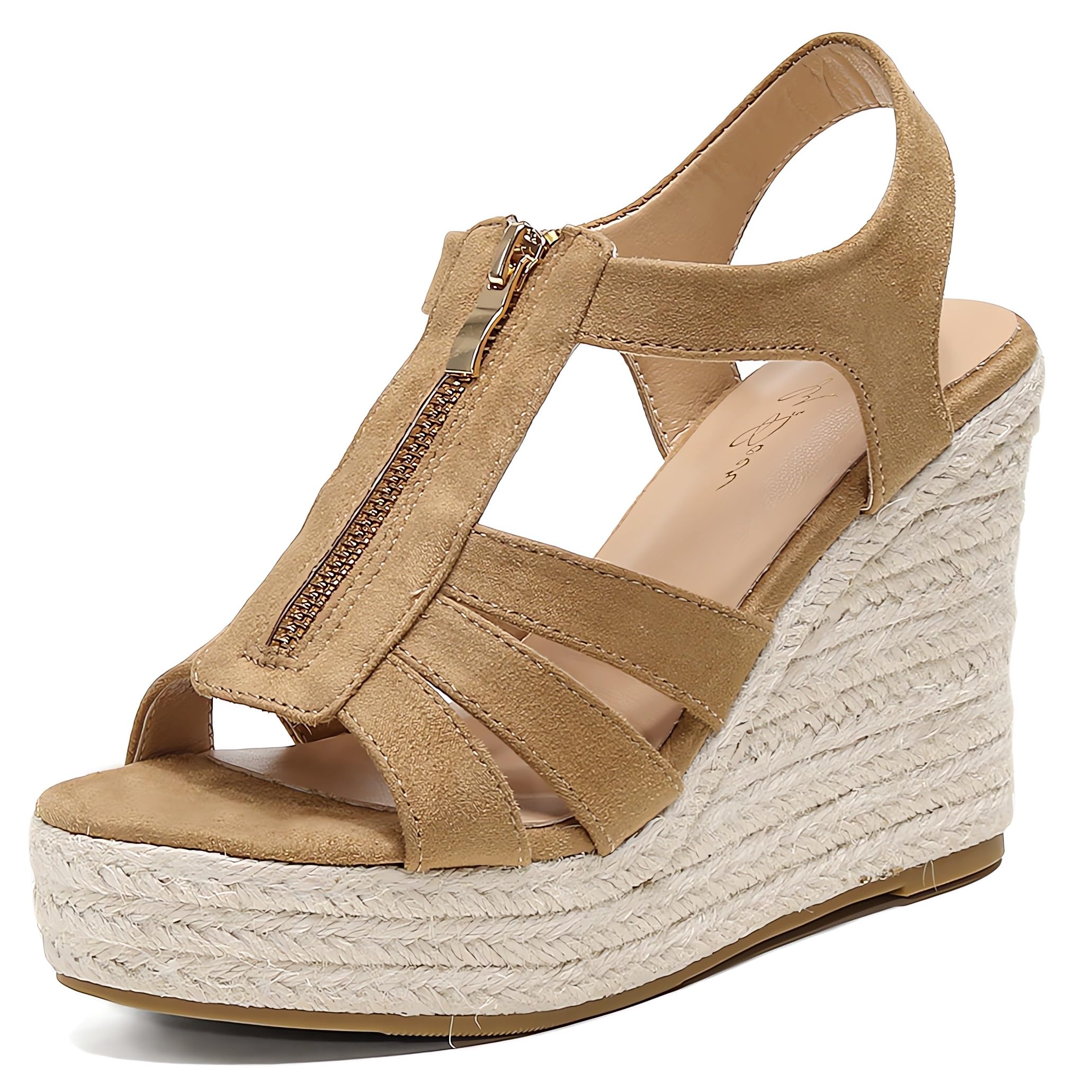 ZodyBoer Womens Front Zipper Espadrille Wedge Sandals Dressy, High Heel Platform Sandals Open Toe Slingback, Comfy Sexy Summer Wedges Sandals