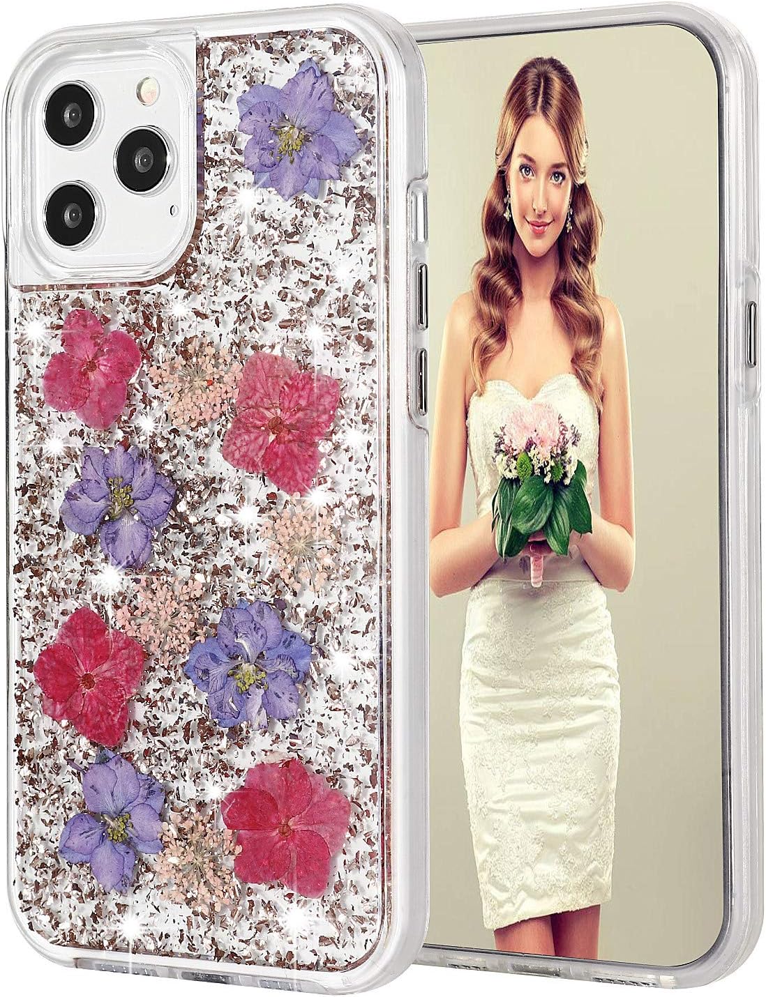 INKOMOCompatible with iPhone 12 Pro Max Case, Women Luxury Natural Flower Glitter Foil Sparkle Hard Back Cover with TPU Bumper Protective Case for iPhone 12 Pro Max 6.7'' (Rose Flower)