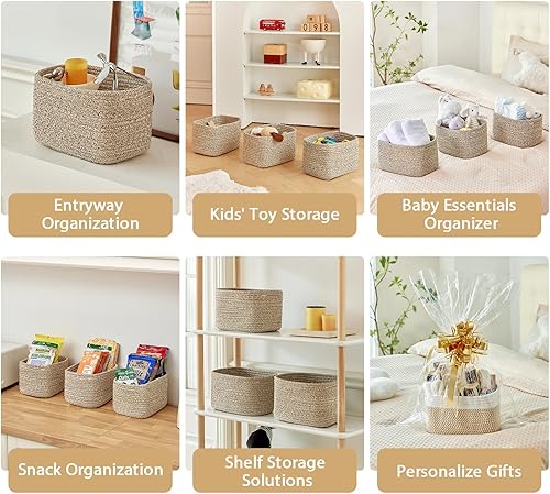 Miniatura 4 de Cesta pequeña de cuerda de algodón, contenedor de almacenamiento para organizar (10.6 x 6.7 x 6.7 pulgadas), cesta de almacenamiento de baño