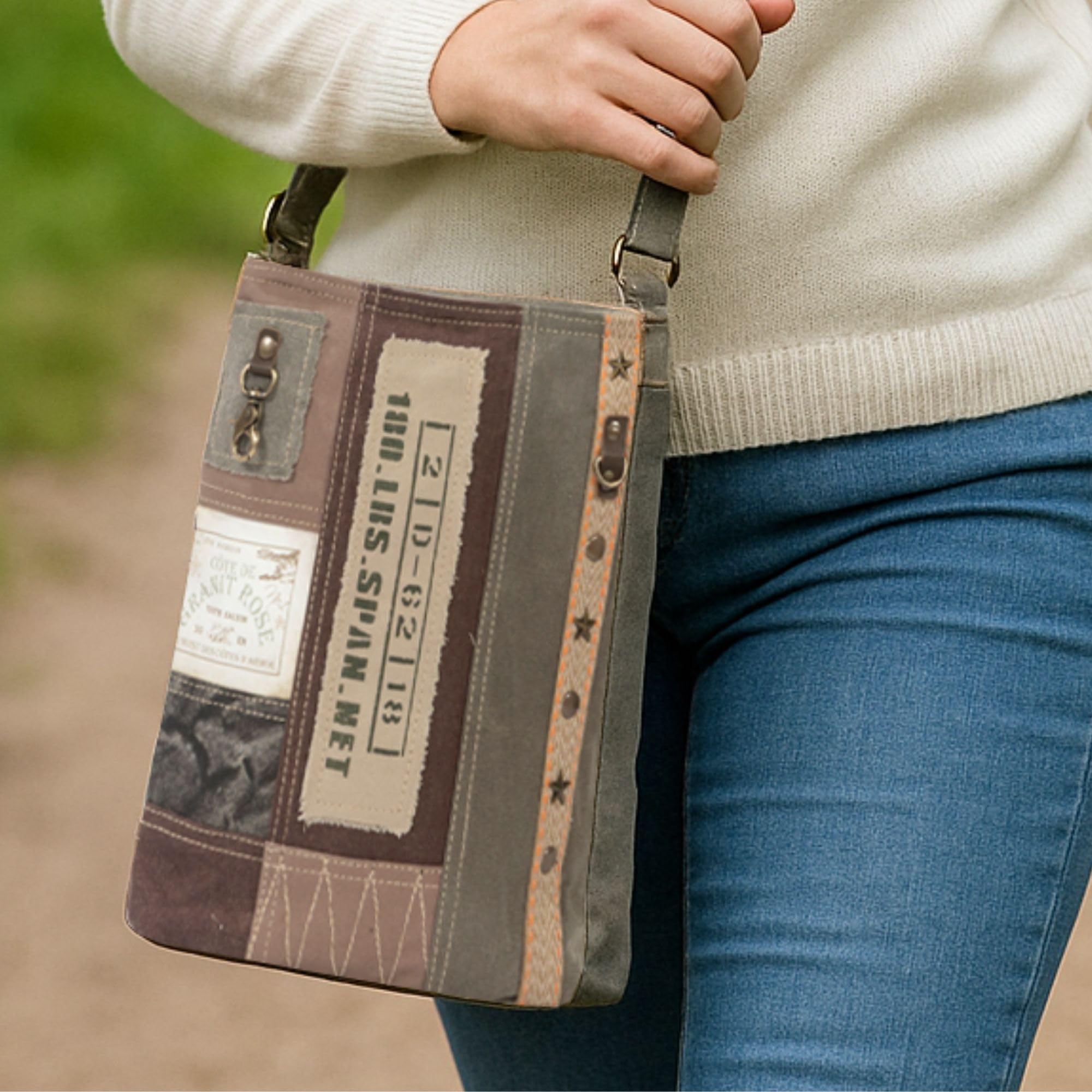 Sunsa Umhängetasche. Große Damen Tasche aus Canvas & Leder, braun khaki