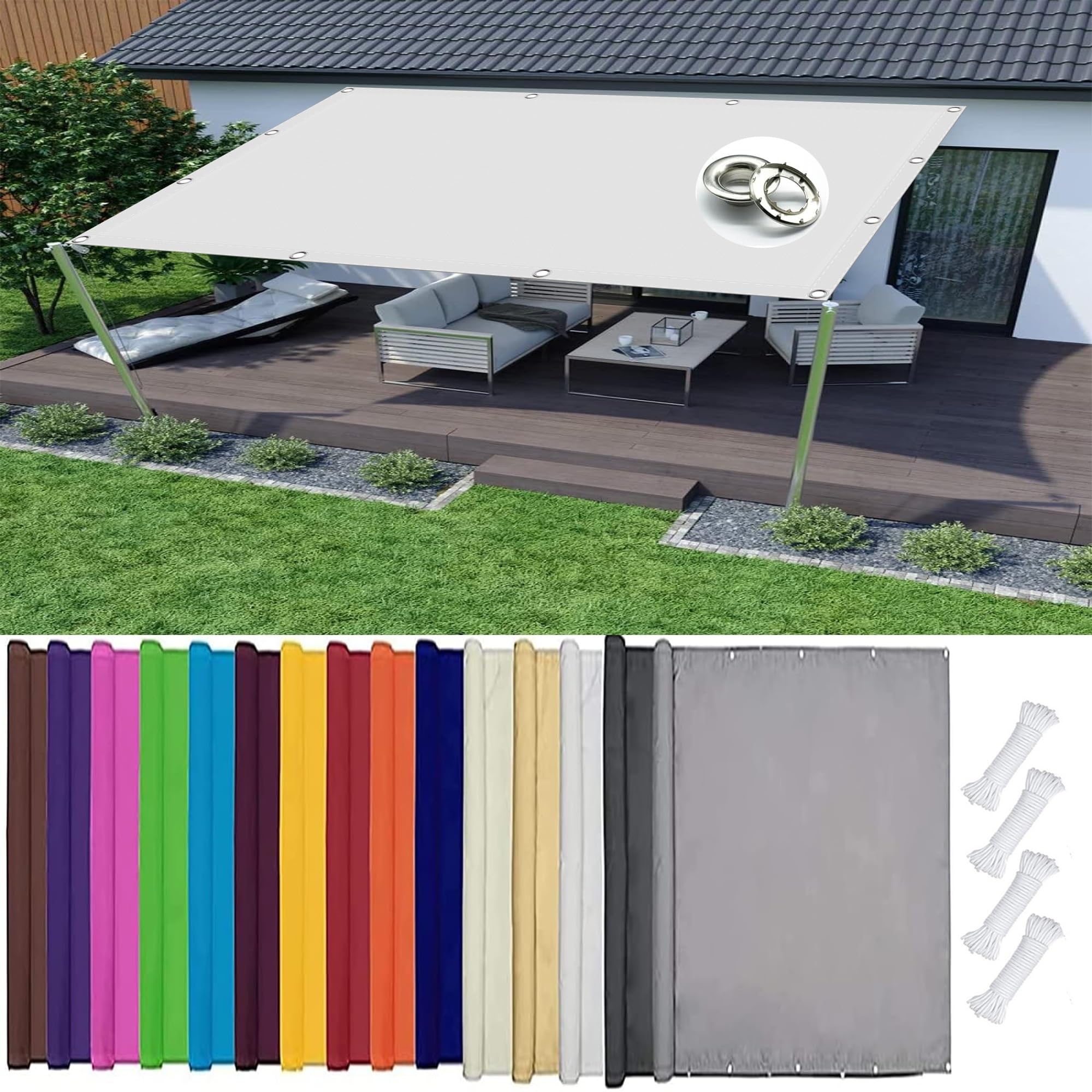 KLGFBDC Waterproof Rectangle Sun Shade Sail 1.2 x 3.3mCanopy for Patio Camping Weatherproof in Various Sizes & Colors with Cord White