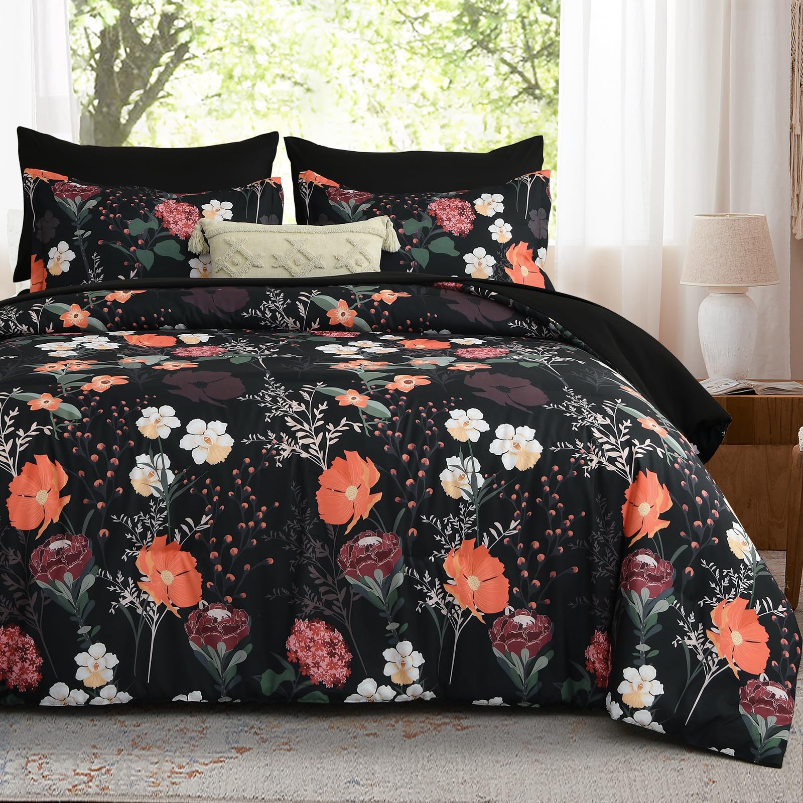 WONGS BEDDING Black Red Double Size Duvet Cover Set 3 Piece, Floral Bedding Set, Quilt Cover with Botanical Flowers Patterns, Soft Brushed Microfiber Bedding Cover with 2 Pillowcases, 200x200 cm