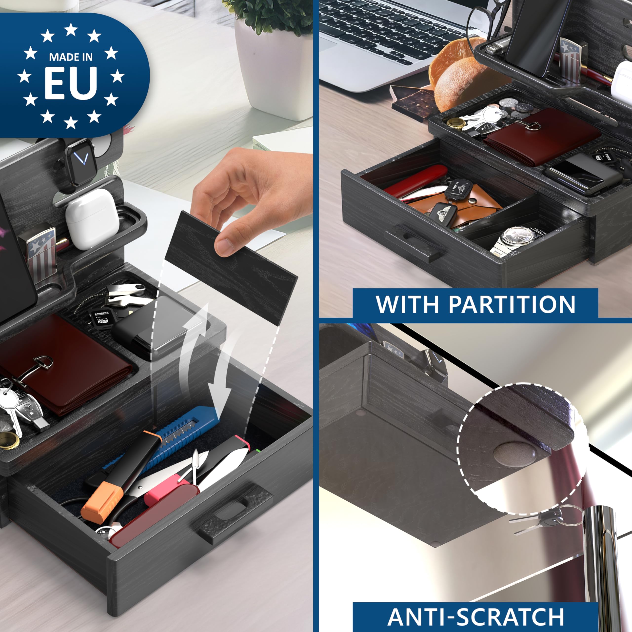BarvA Docking Station In Legno Di Frassino – Organizer Da Comodino Con Portafoglio, Portatelefono, Portachiavi E Supporto Per Orologi – Accessorio Da Scrivania Multiuso, Regalo Originale - 5