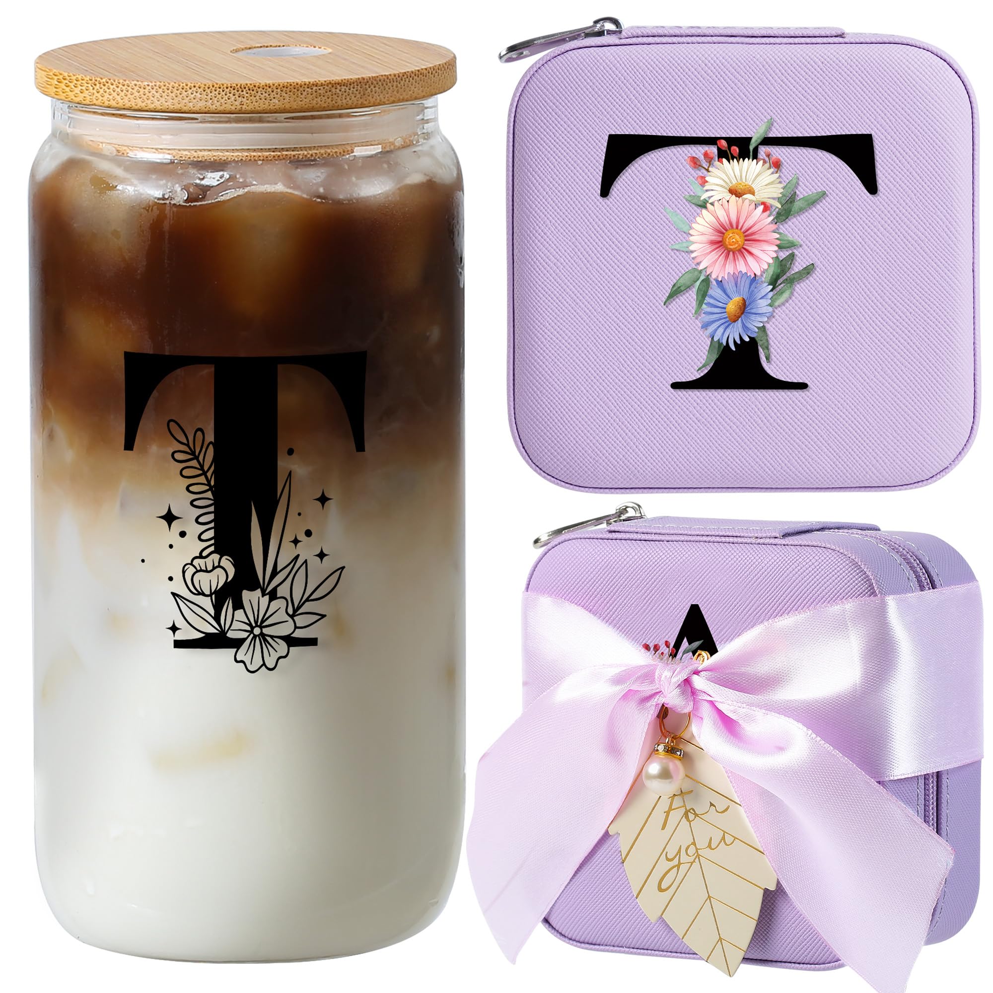 AYGXU Birthday &amp; Special Occasion Gifts for Women &amp; Girls - Travel &amp; Home Glass Cup with Bamboo Lid, Straw &amp; Initial T Purple