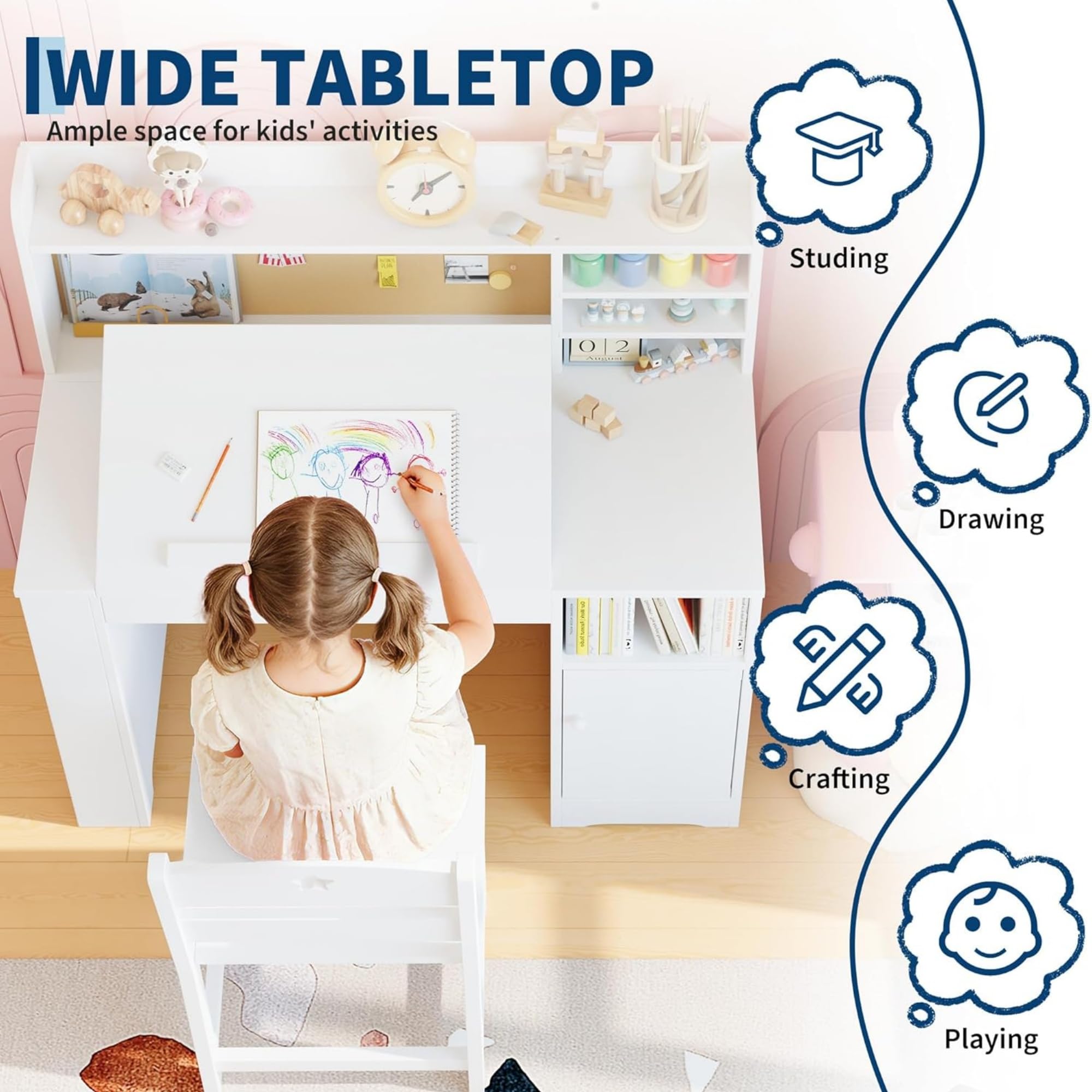 Bureau Enfant Fille Garcon 3-8 an, 3 en 1 Table Enfant en Bois avec Plateau Incliné 0-40°, Table d'Étude avec Rangement pour Dessiner, Lire, 104.5 * 60 * 13.5 cm (Blanc)