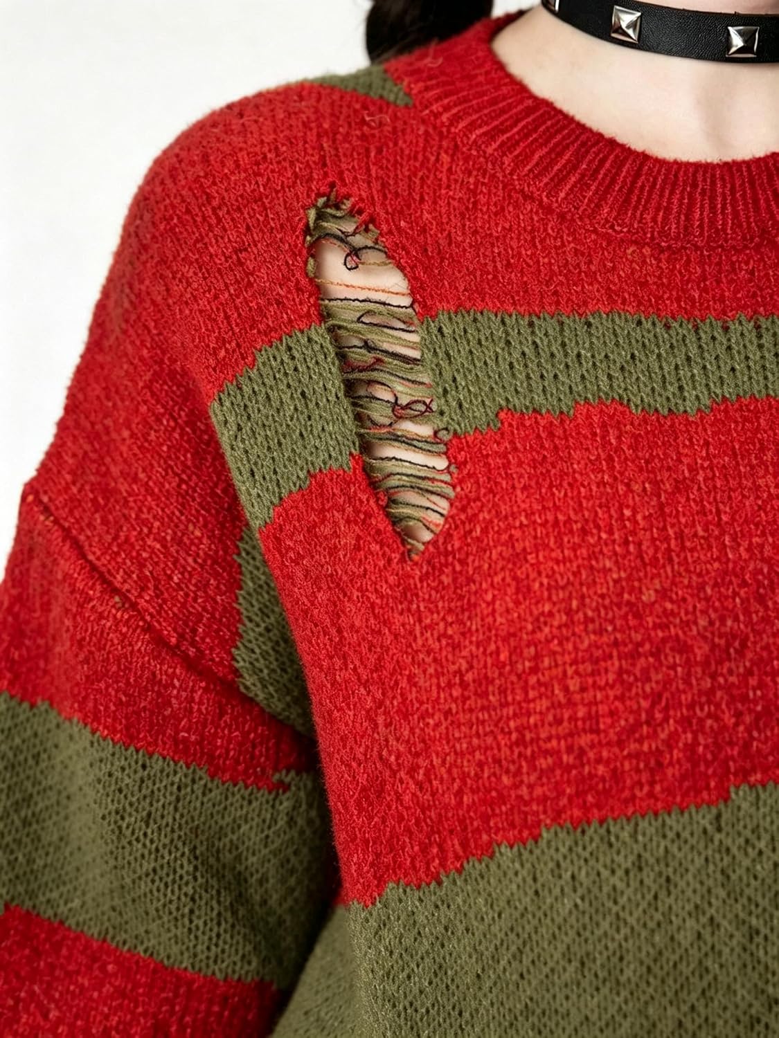Halloween Sweaters for Women Grunge Ripped Punk Gothic Oversized Sweaters Distressed Striped Knit Sweater Tops