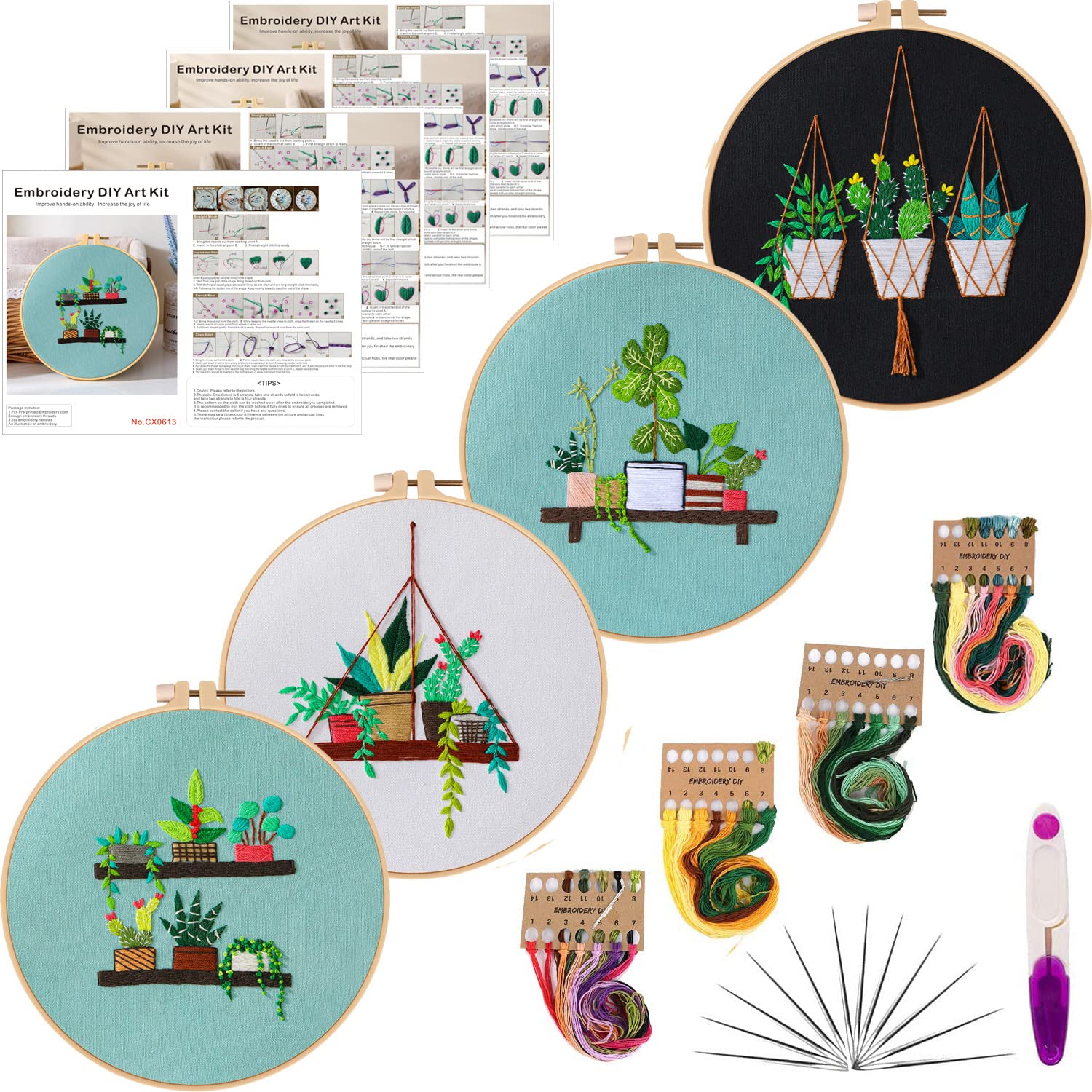 Tcbasrt 4Pack Embroidery Starters Kit with Pattern for Beginners Adults, Cross Stitch Kits Include 2 Embroidery Hoops,4 Embroidery Clothes with Plants Flowers Pattern,Color Threads