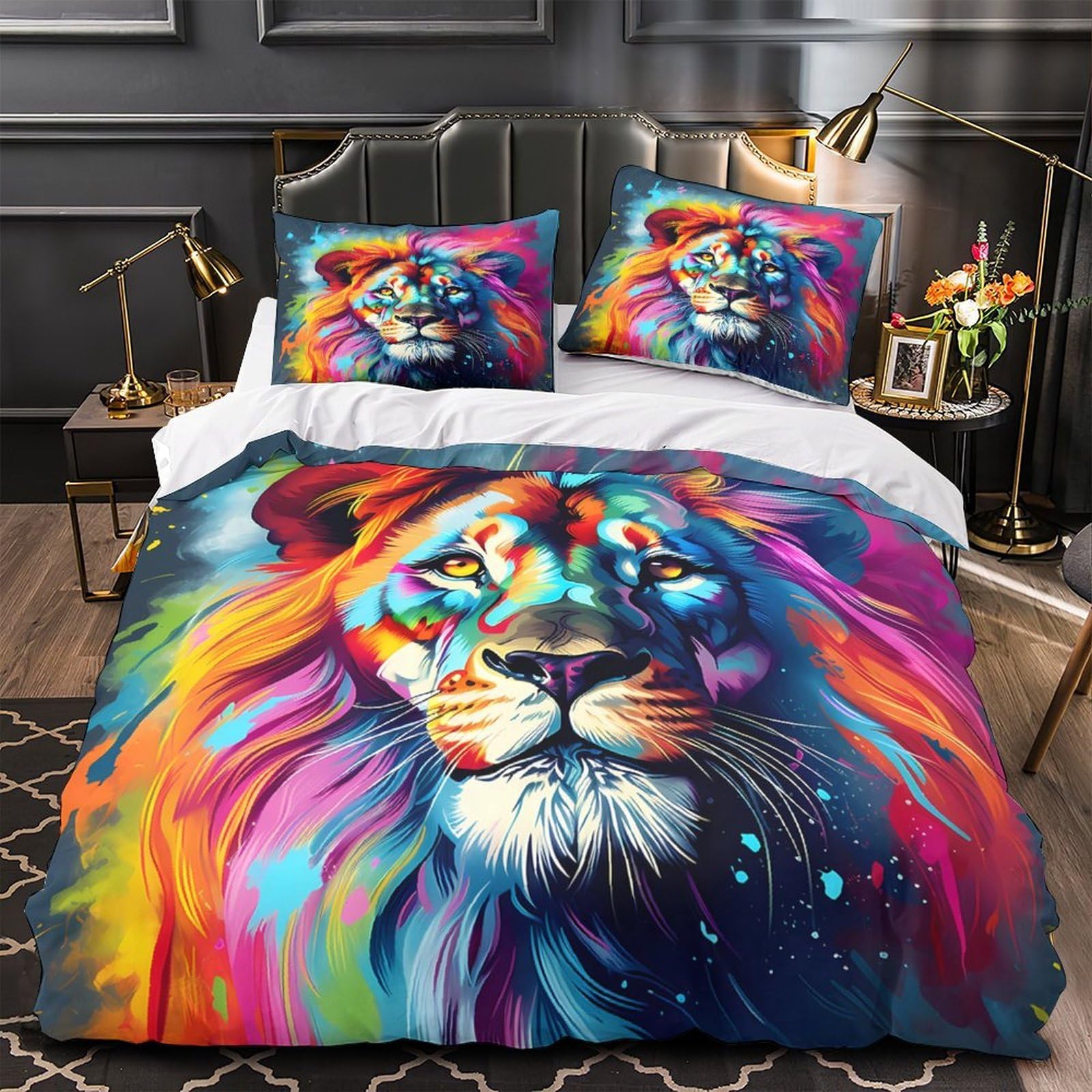 Housse de couette zippée pour lit simple parure lion coloré anti acarien