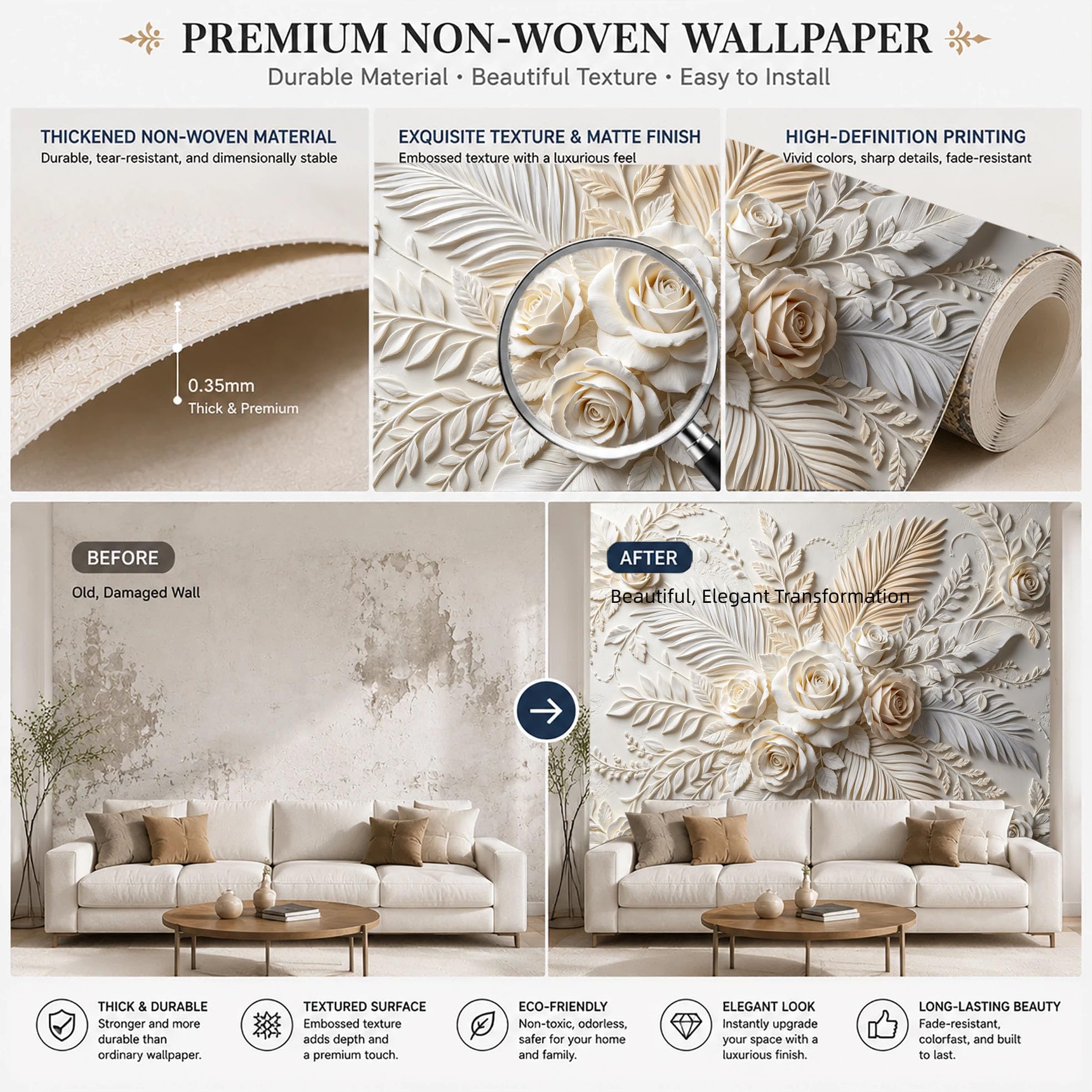 Carta Da Parati Fotografica In Tessuto Non Tessuto con Effetto 3D A Rilievo Rose In Fiore E Foglie Di Palma 300×210 cm (Lxa). Elegante Murale Floreale per Camera Da Letto E Soggiorno. Dimensioni: 3