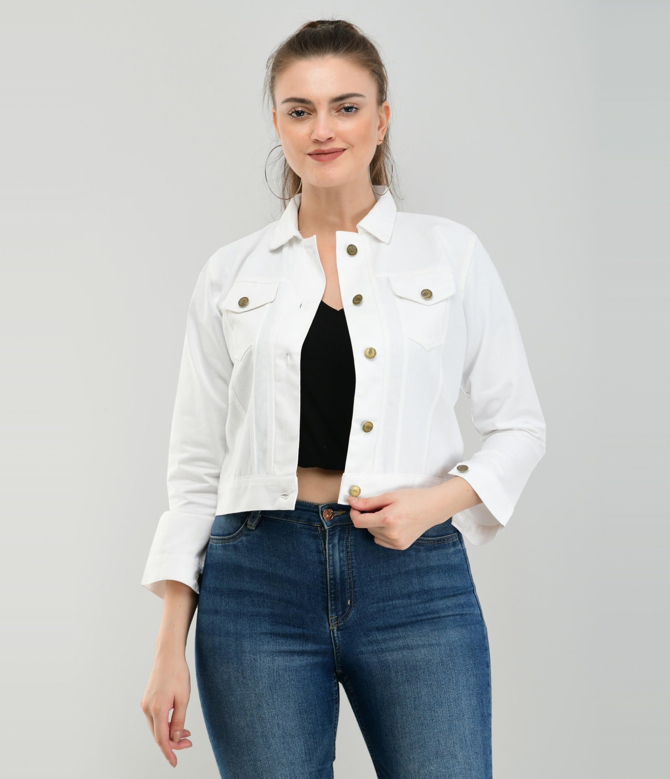 montrez Women White Spread Collar Crop Denim Jacket-picture-25
